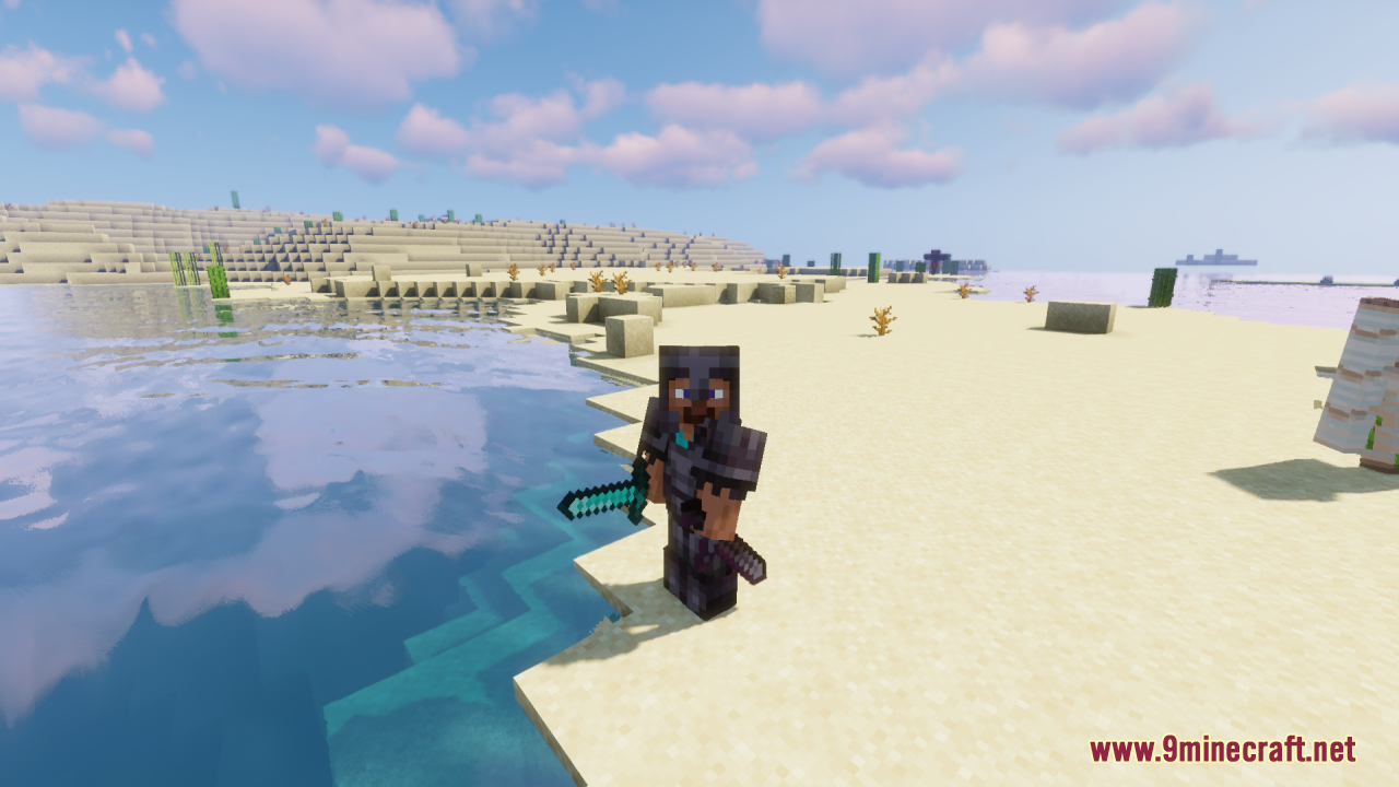 Offhand Weapon Holstering Resource Pack Screenshot 2 Player character wearing netherite armor holding a diamond sword