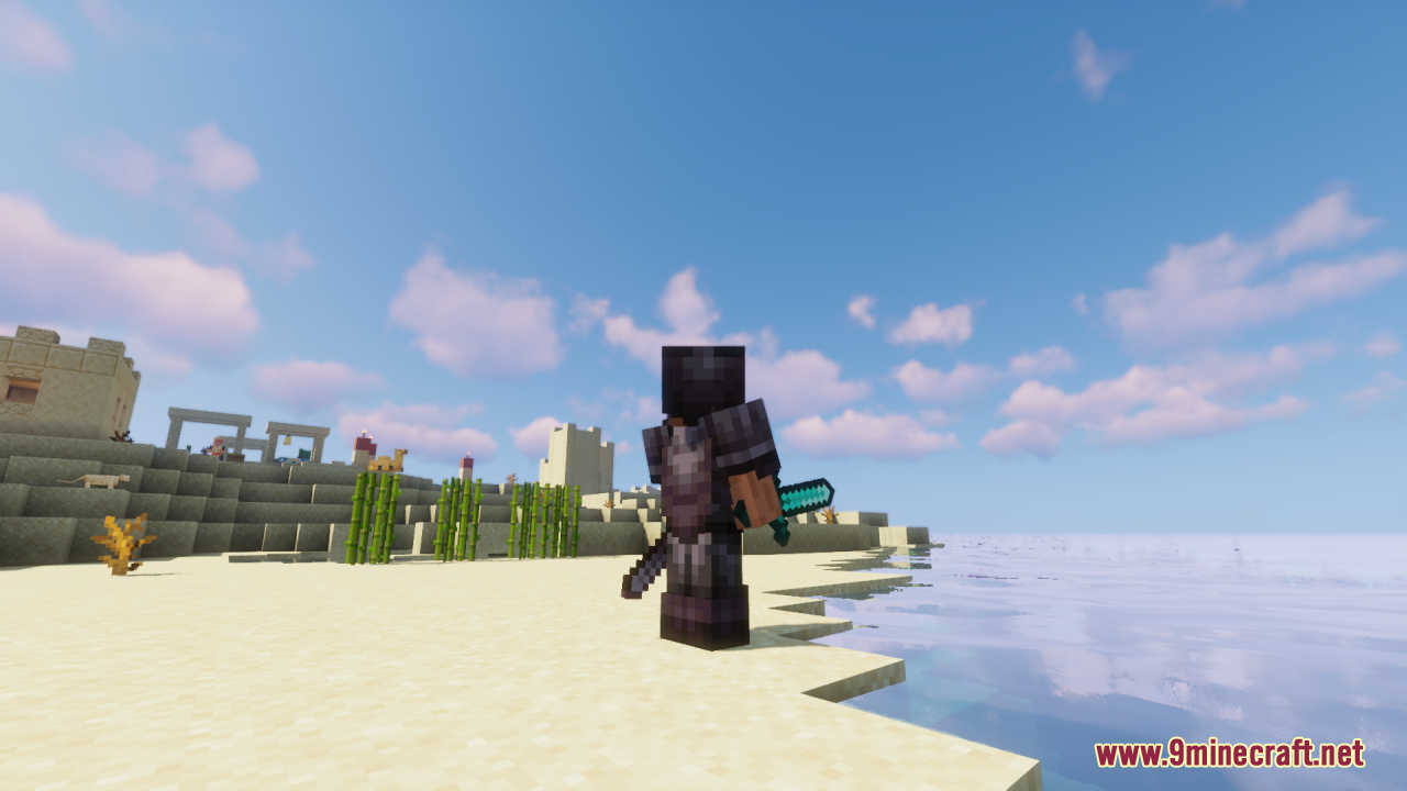 Offhand Weapon Holstering Resource Pack Screenshot 3 Player character with a sword holstered at their side standing on a beach