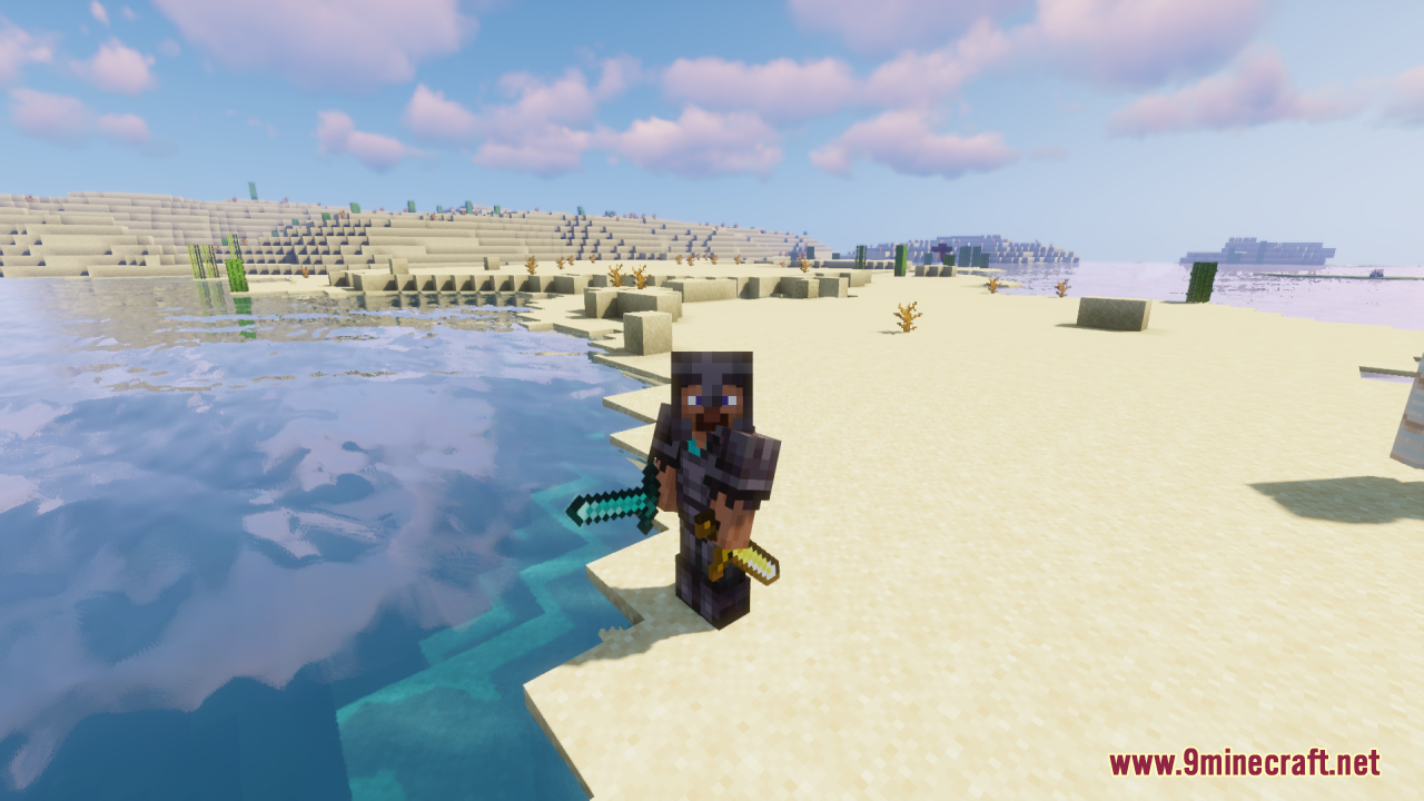 Offhand Weapon Holstering Resource Pack Screenshot 5 Player in netherite armor standing on a beach with a holstered offhand sword