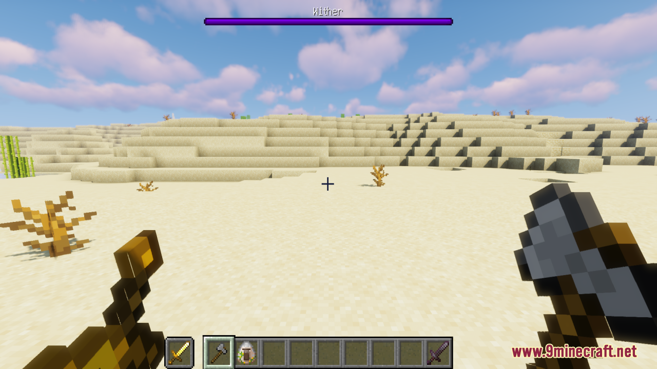 Offhand Weapon Holstering Resource Pack Screenshot 6 First person view holding an iron axe and a holstered offhand golden sword