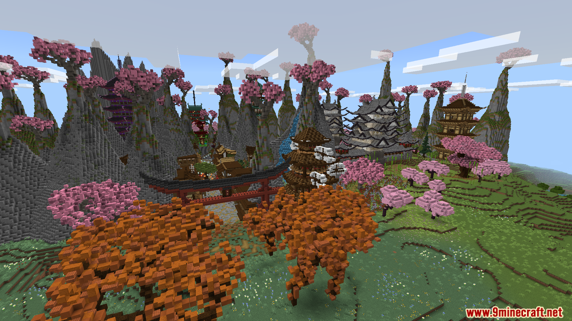 A beautiful old Japanese town built inside a pink forest