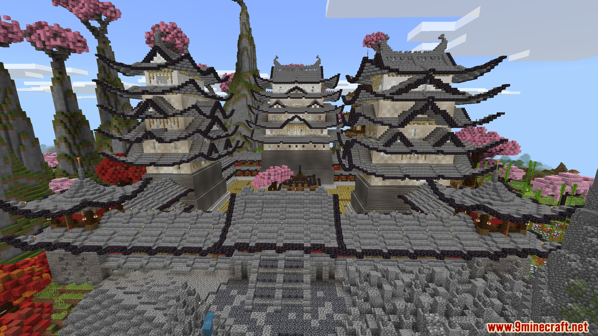 A beautiful city of traditional houses in a pink forest