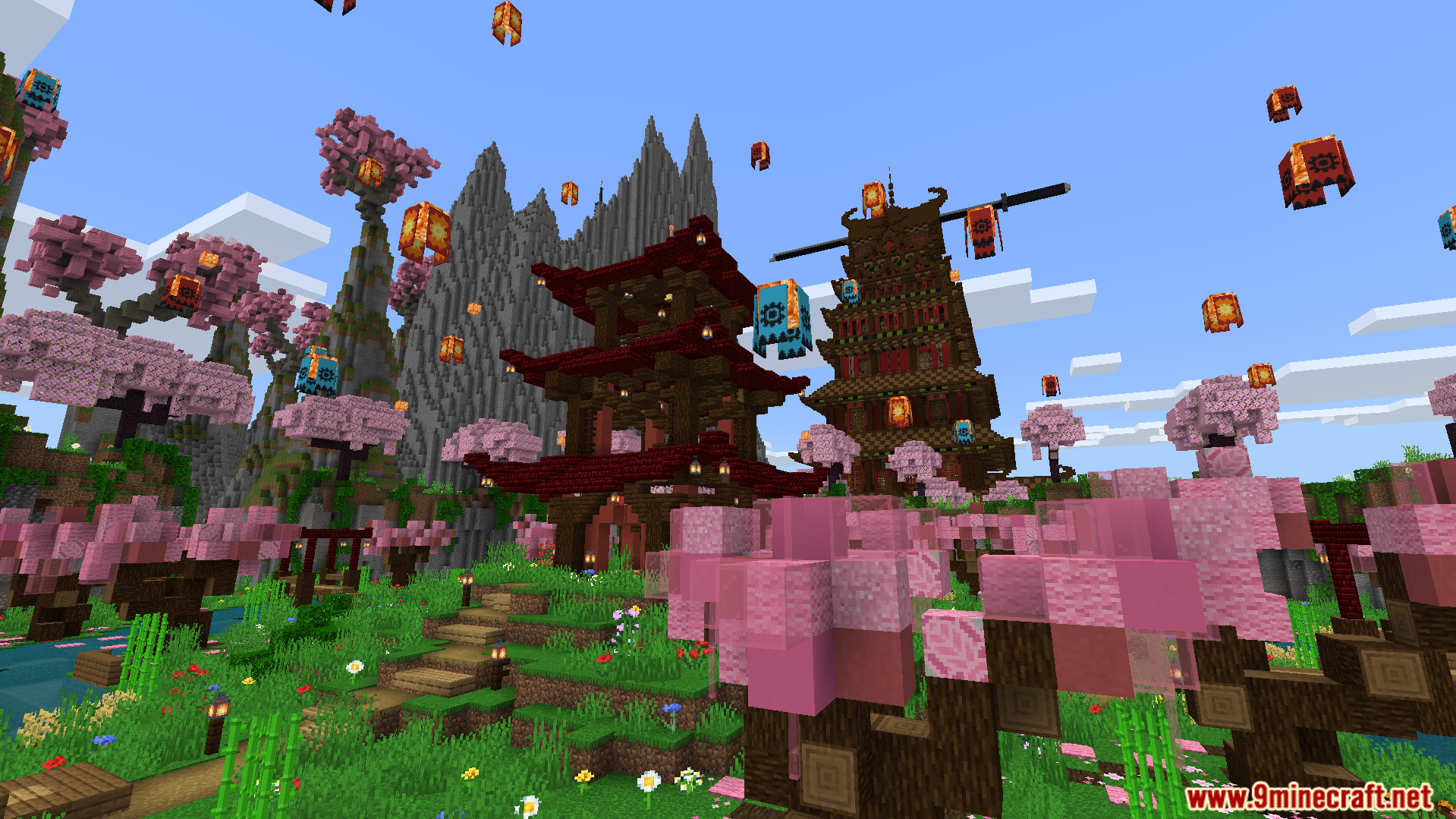 Explore traditional houses and tall pagodas in the pink forest
