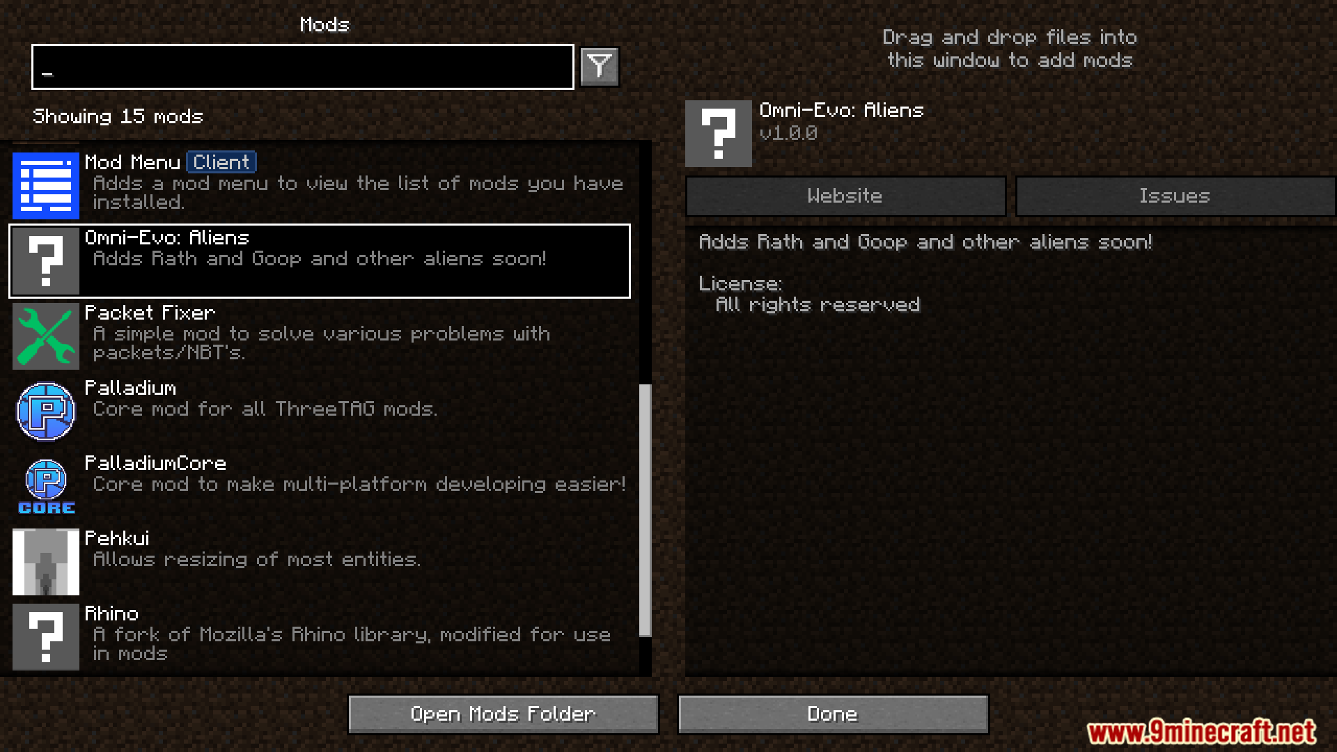 Omni-Evo Aliens mod listed in the Minecraft mods menu