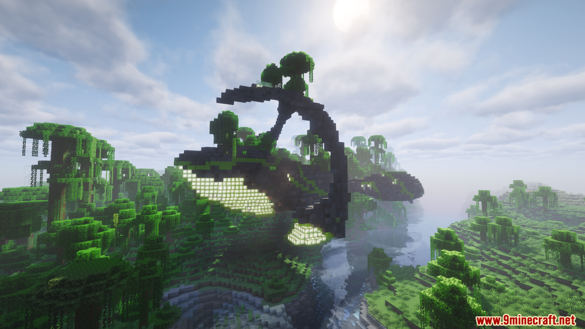 A massive alien structure shaped like a whale in a jungle