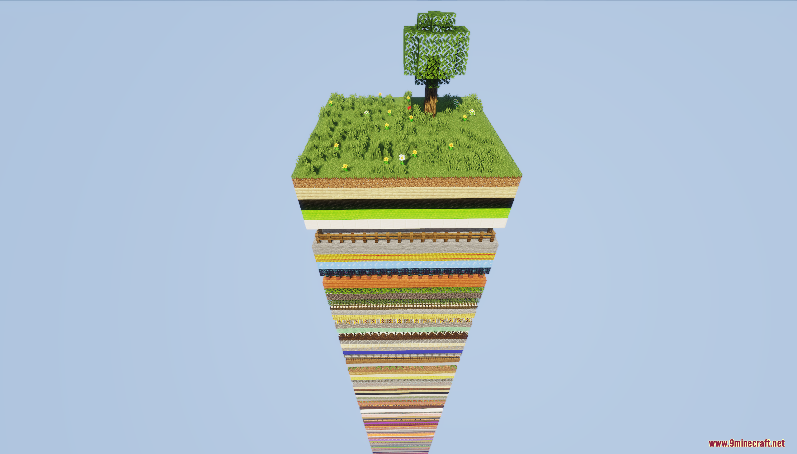 One Chunk Random Layers Map Screenshot 4 Full view of a tall floating chunk pillar made of random block layers
