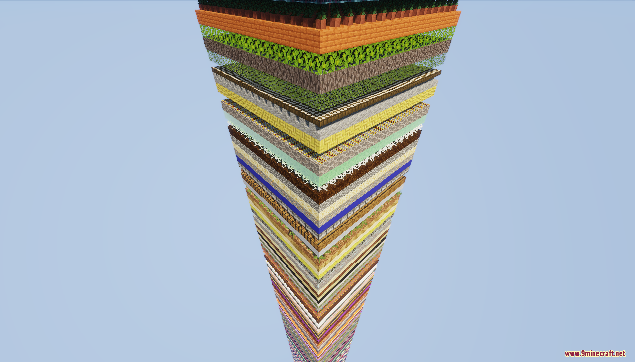 One Chunk Random Layers Map Screenshot 5 Tall vertical pillar of random Minecraft block layers floating in the sky