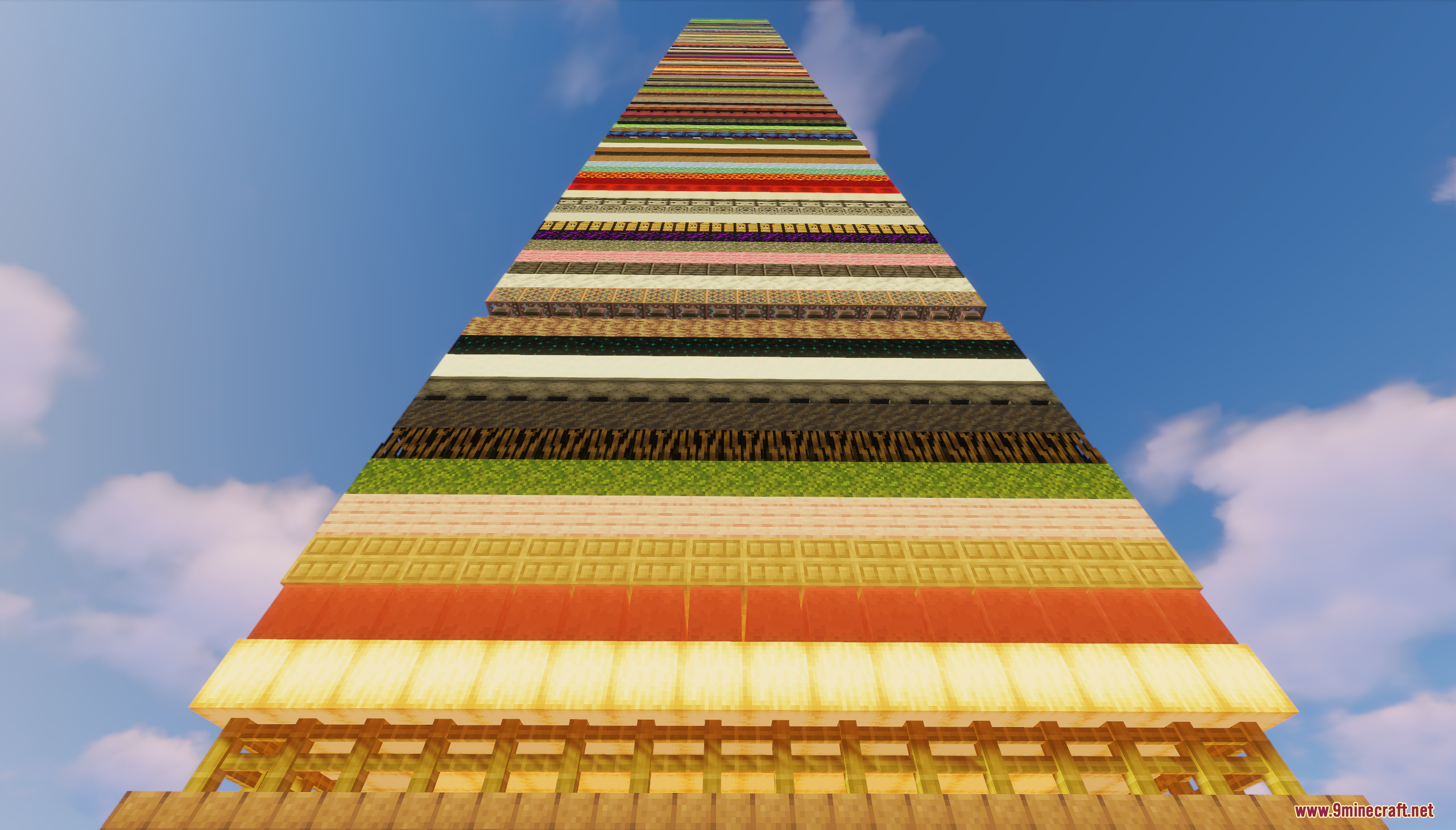 One Chunk Random Layers Map Screenshot 9 Looking up at a tall chunk pillar made of random horizontal block layers
