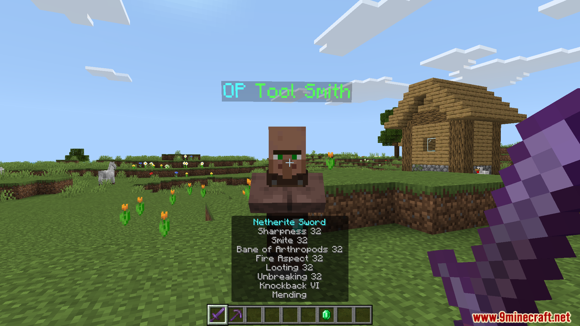A custom villager offers a sword with extremely powerful level 32 enchantments