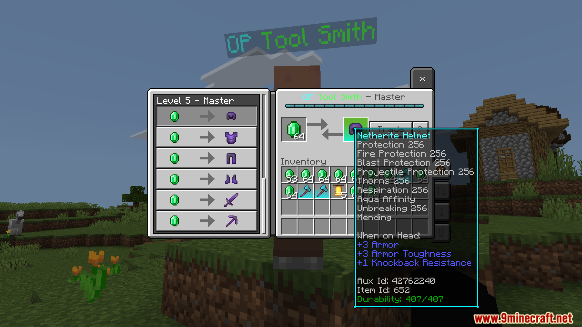 The master smith trades for an overpowered enchanted Netherite helmet