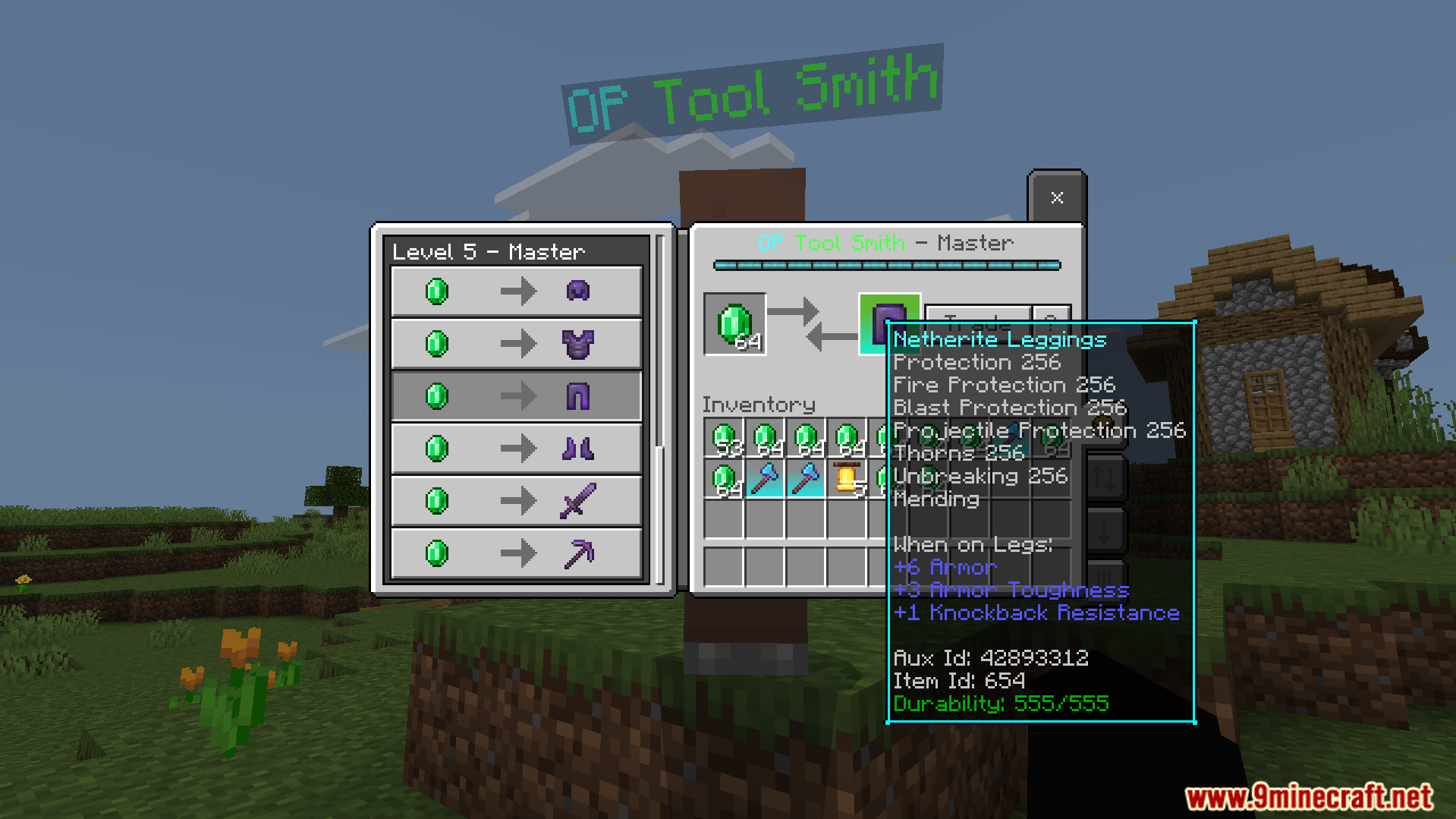 Trading with a custom tool smith for powerful Netherite leggings