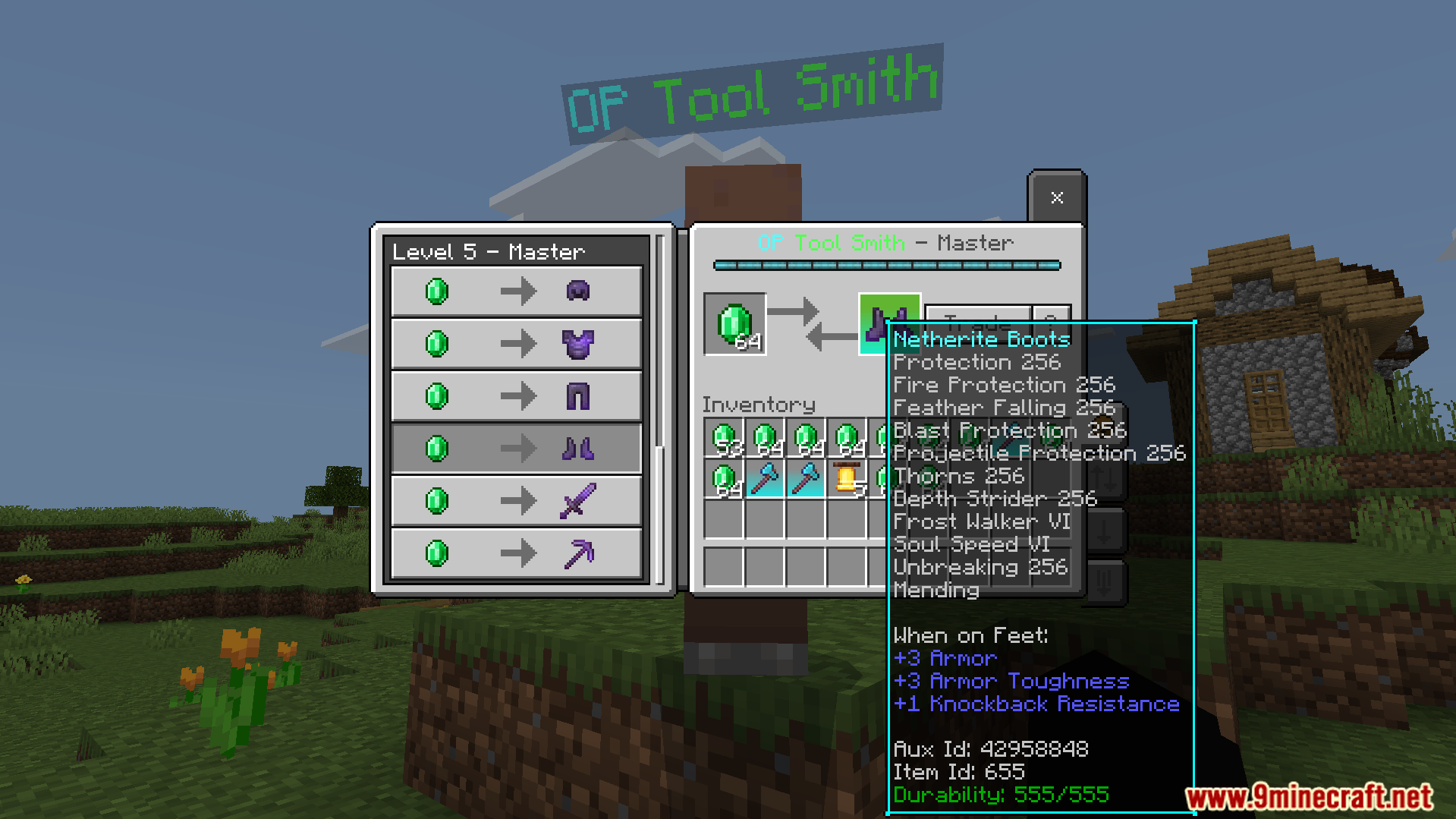 A special villager offers powerful enchanted Netherite boots for trade