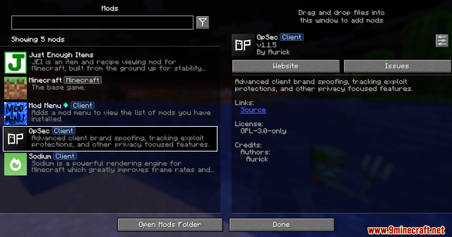 OpSec Mod Screenshot 1 A list of installed mods in the game menu