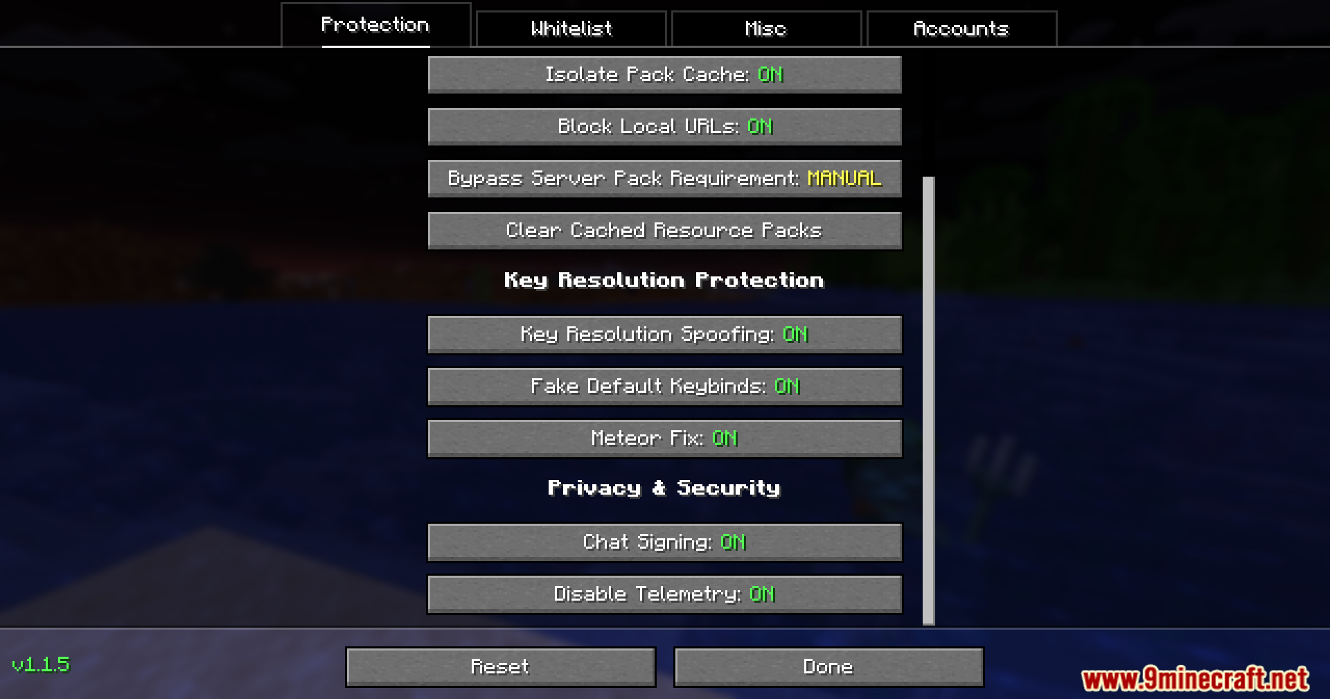 OpSec Mod Screenshot 3 A menu showing various privacy and security settings in Minecraft