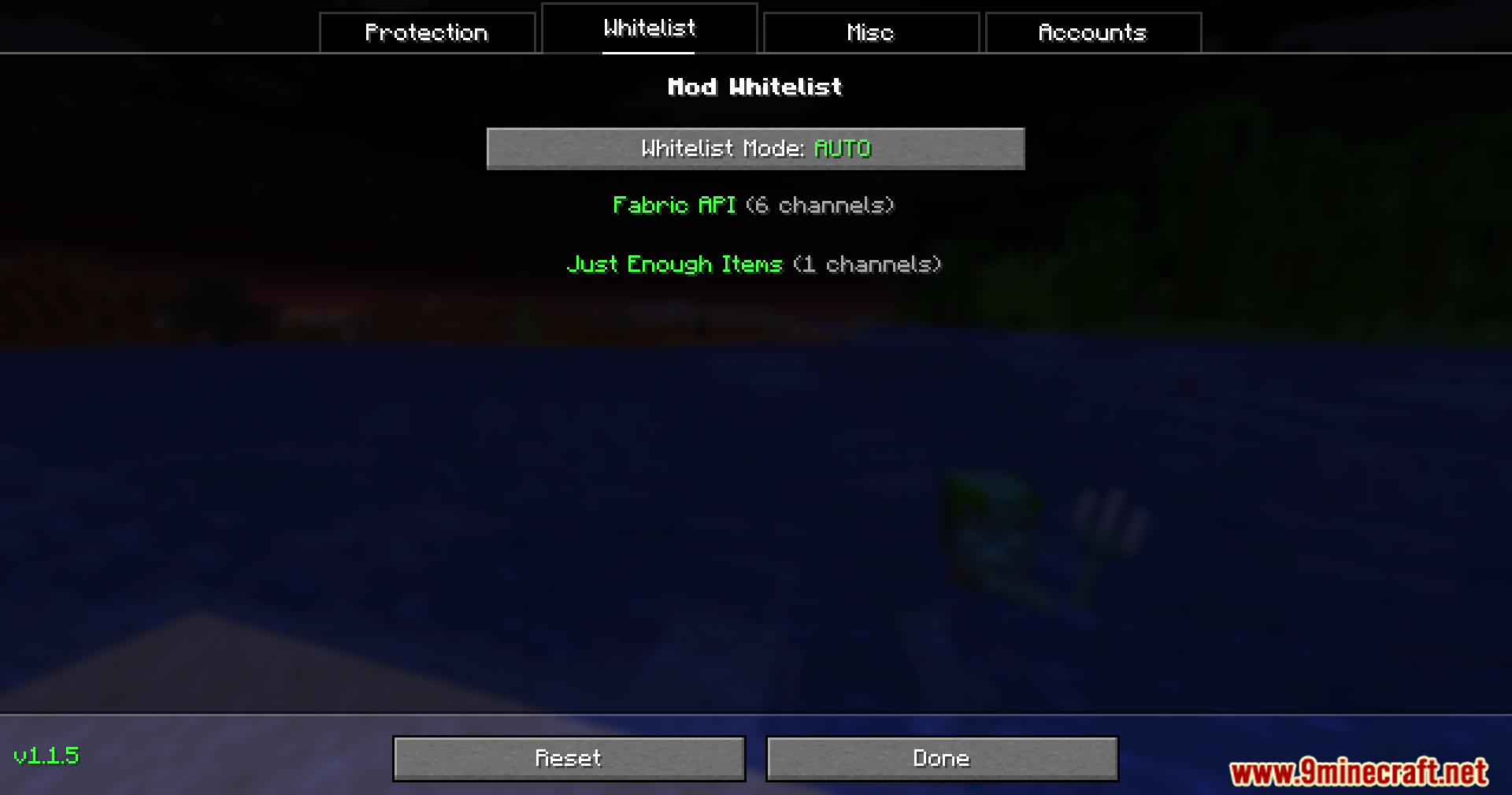 OpSec Mod Screenshot 4 A menu displaying mod whitelist settings with Fabric API and Just Enough Items