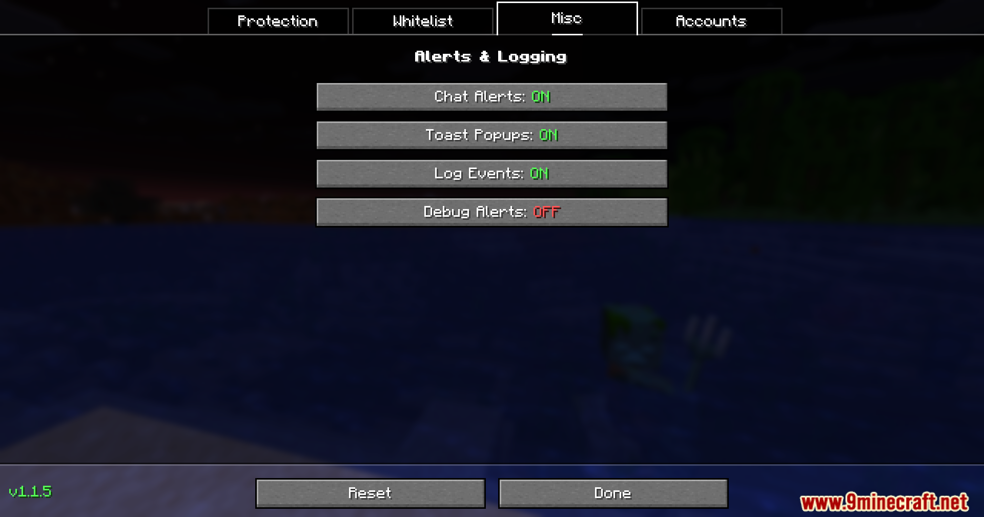 OpSec Mod Screenshot 5 Miscellaneous settings menu showing chat alerts and logging options for players