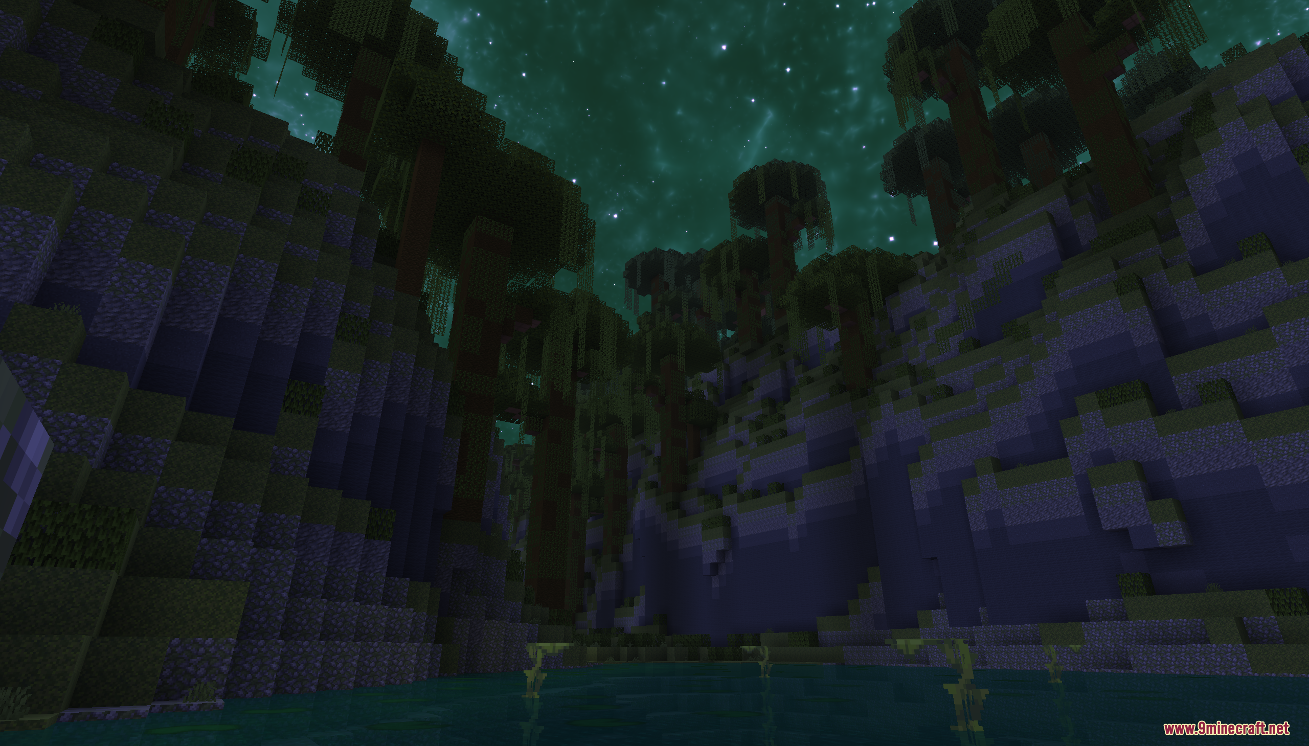 A dark, swampy alien forest beneath a green nebula