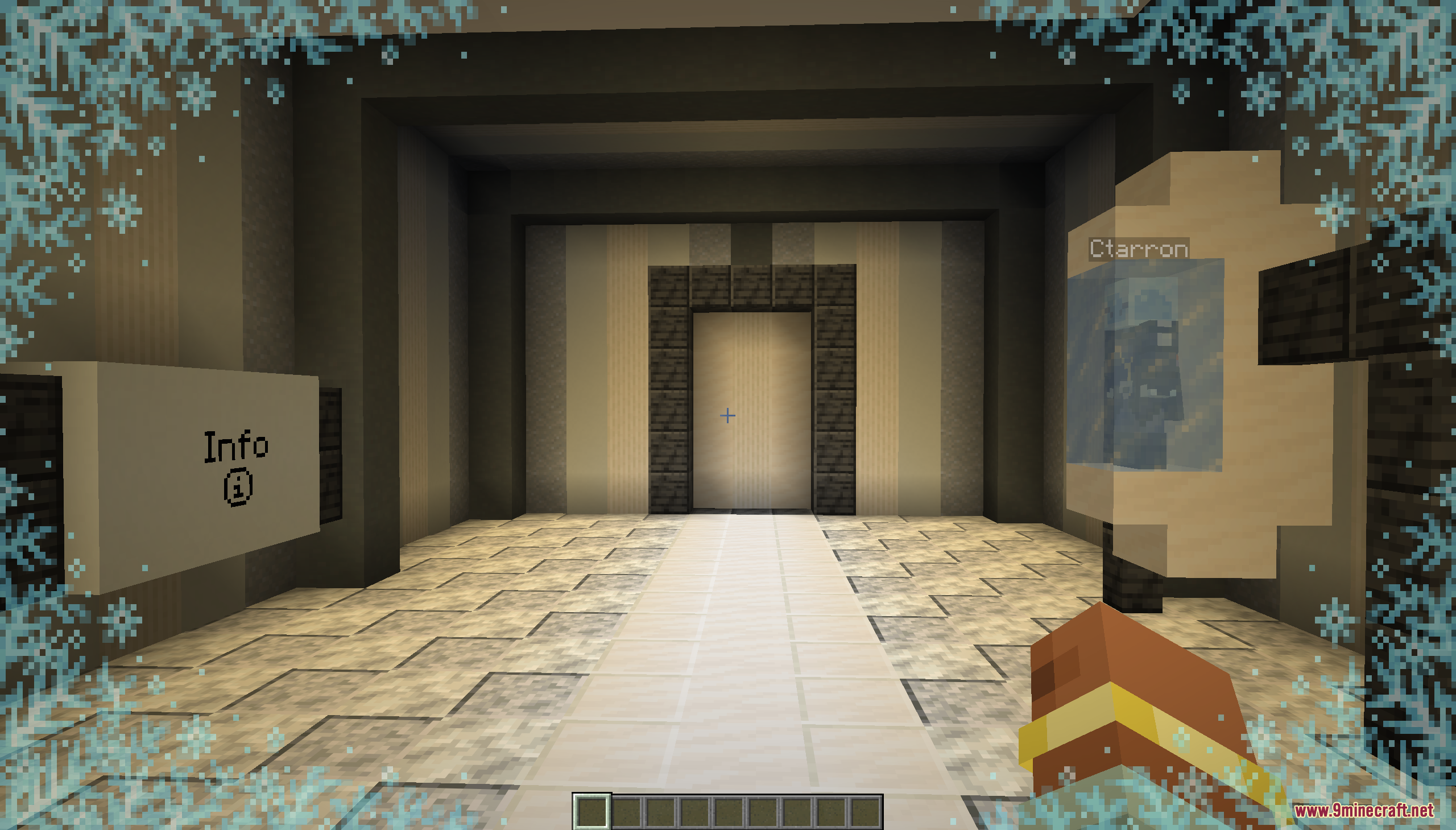 A futuristic space station lobby with a frost effect