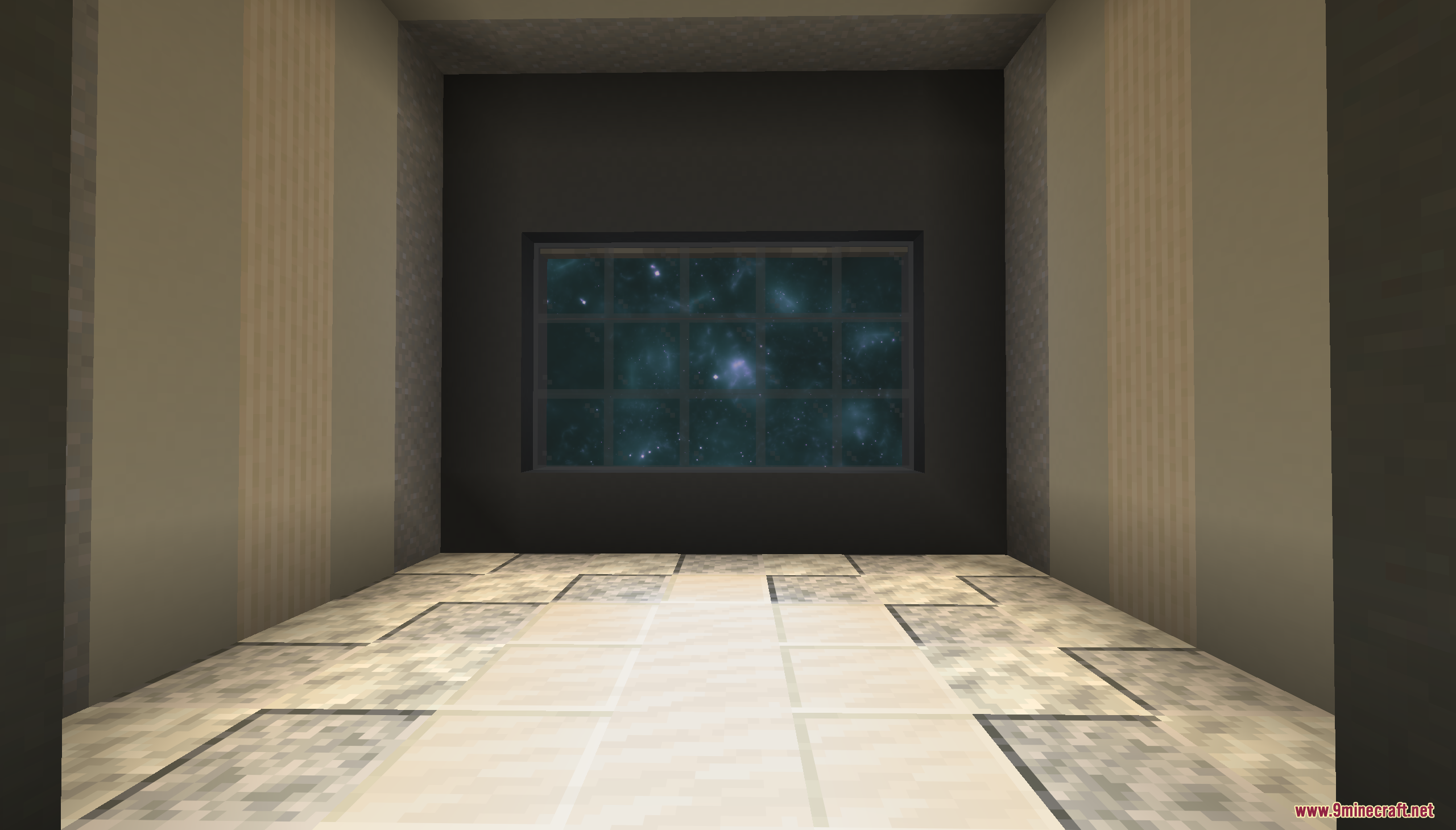 A window looking out at a green starry nebula