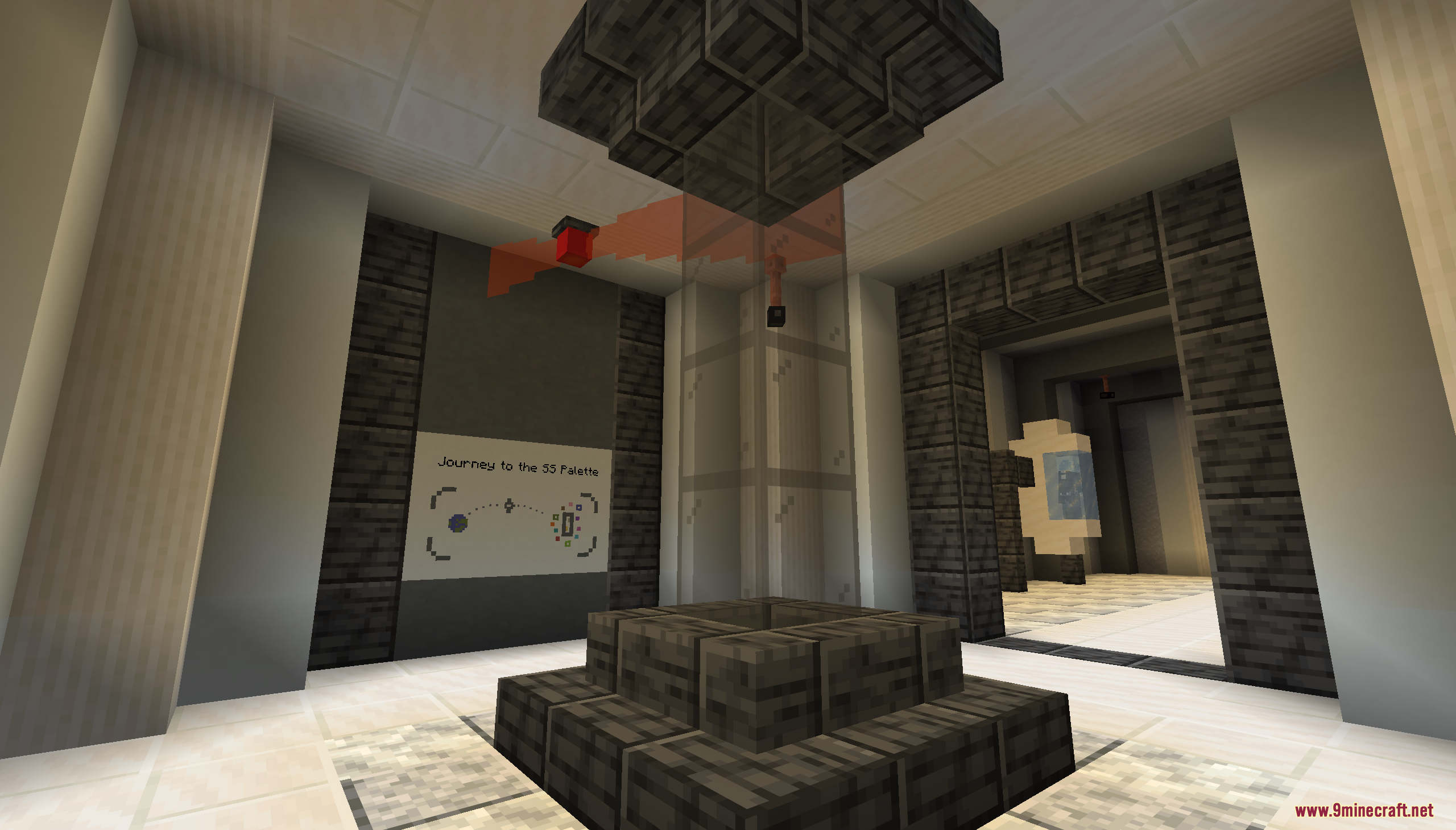 A futuristic lobby inside a high-tech space station