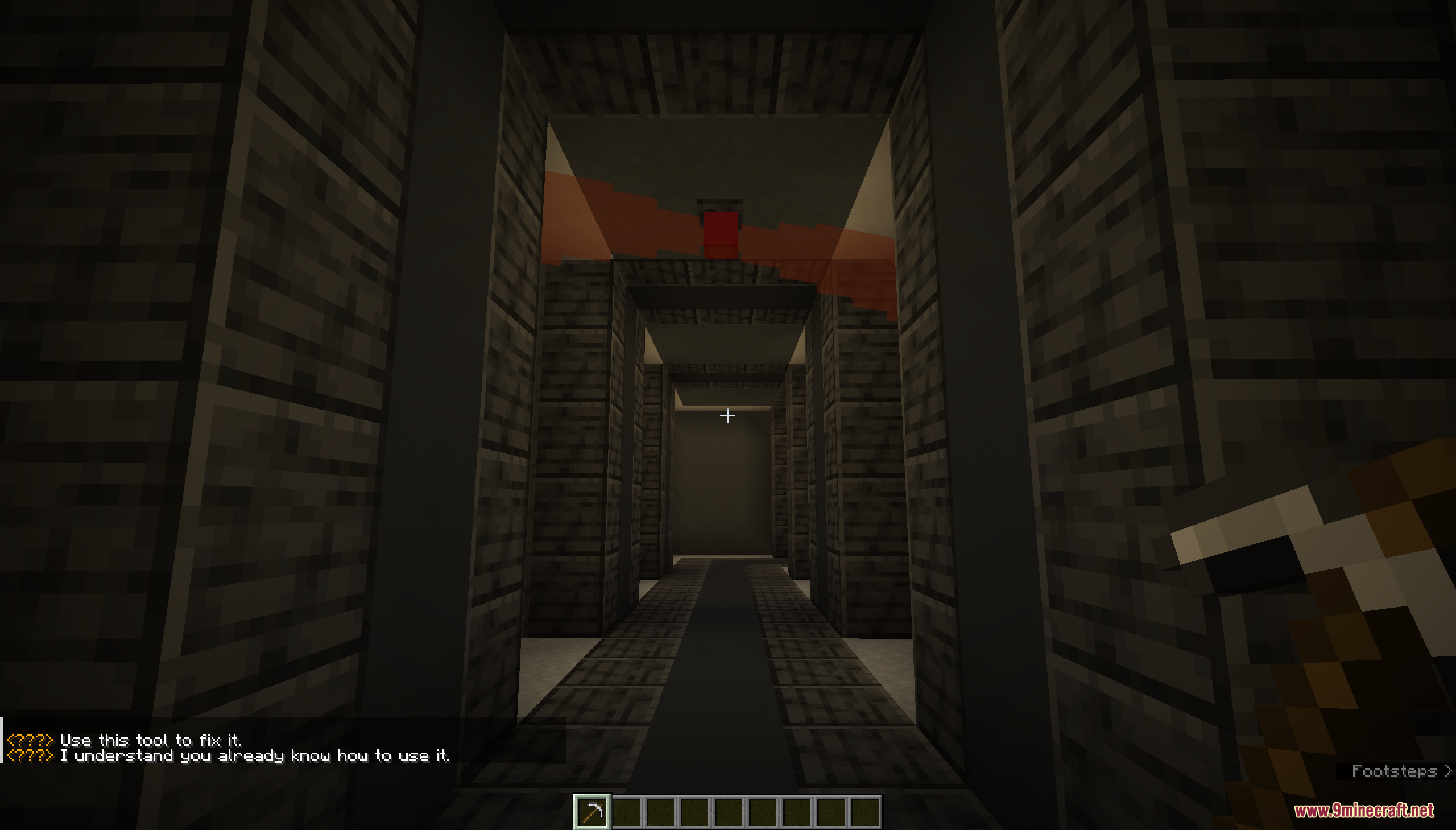 Holding a pickaxe in a dark futuristic corridor