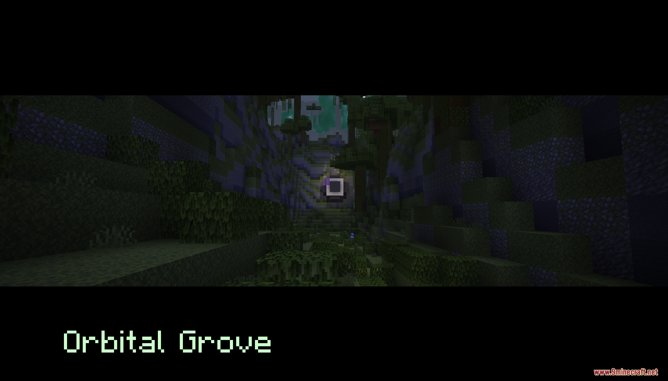 Orbital Grove title screen in a dark forest