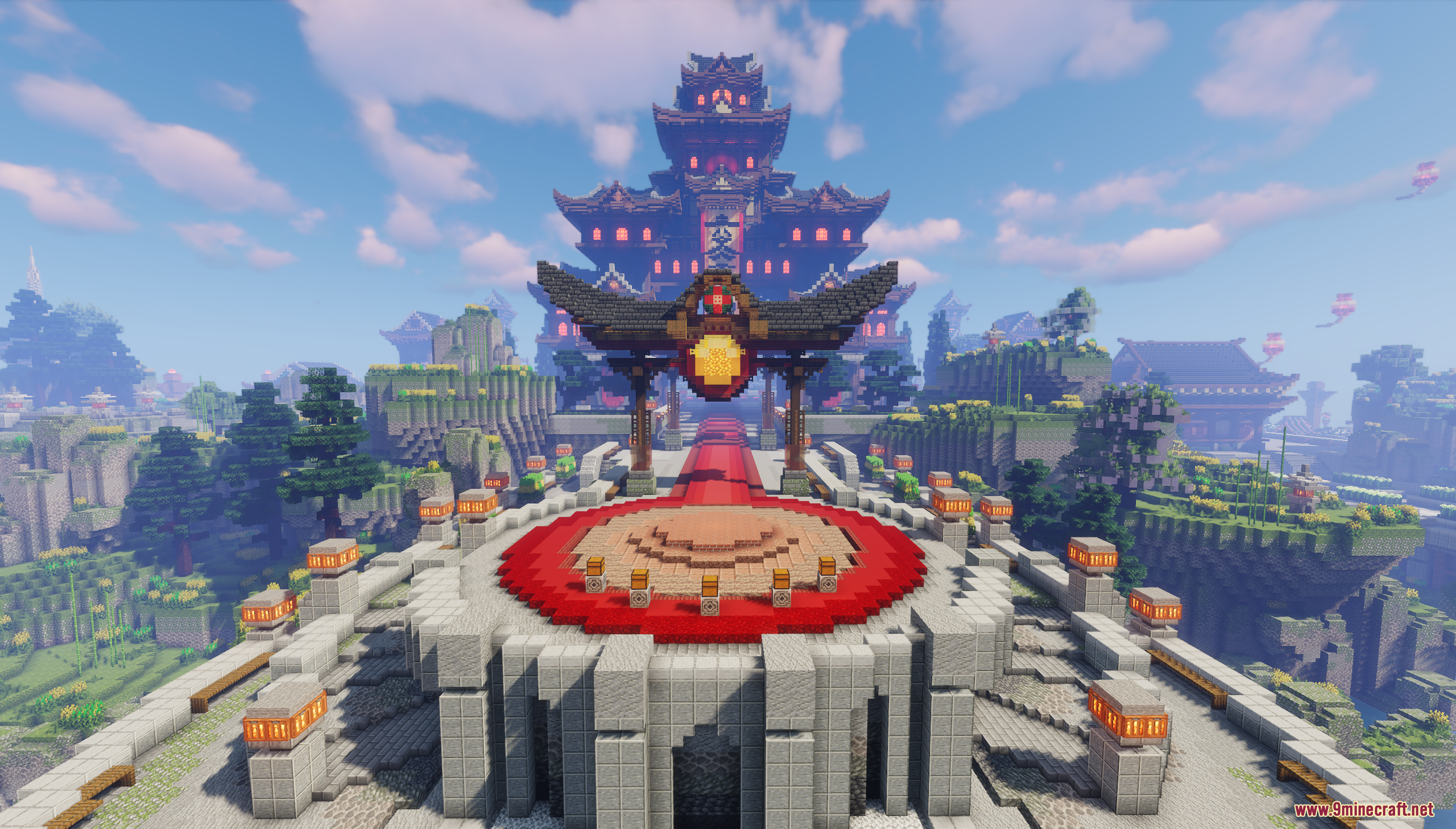 Large Asian style temple featuring a red carpet pathway and a decorative gate