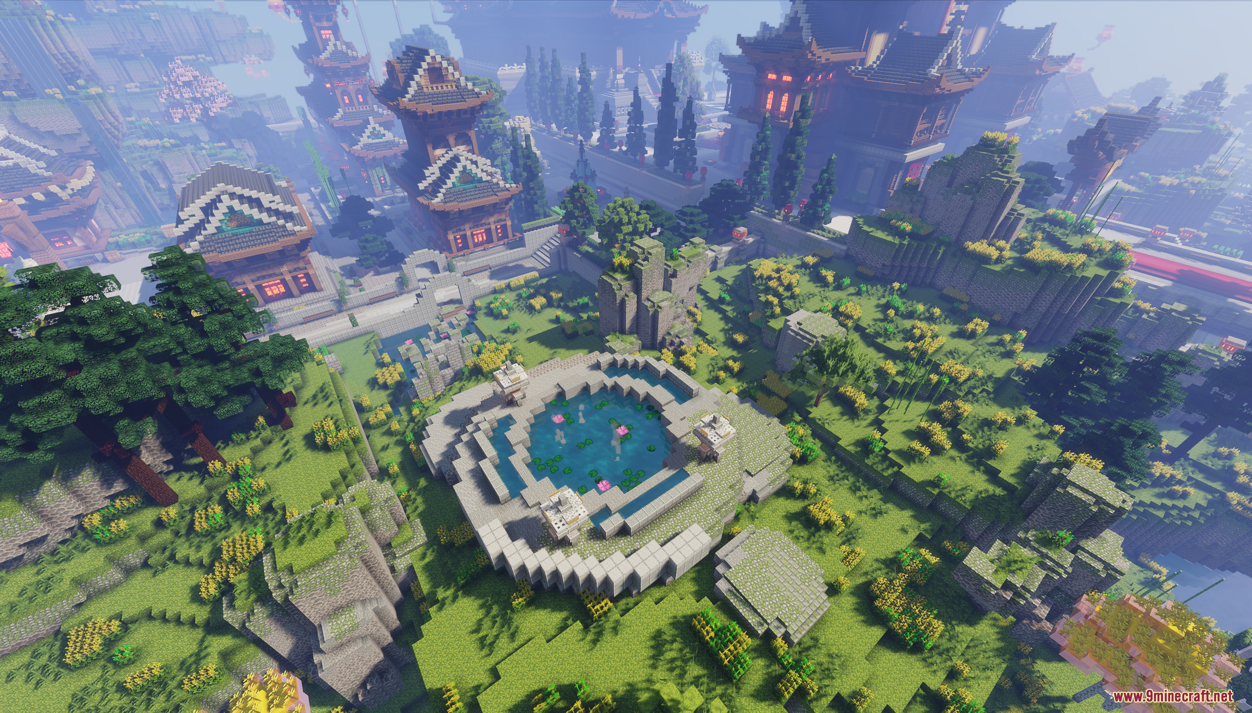 Aerial view of a circular pond with lily pads in an oriental garden