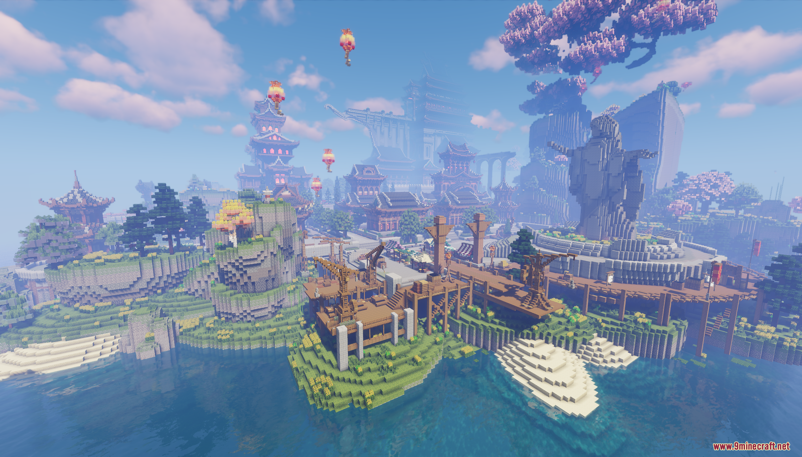 Coastal Asian style village featuring wooden docks a stone statue and floating balloons