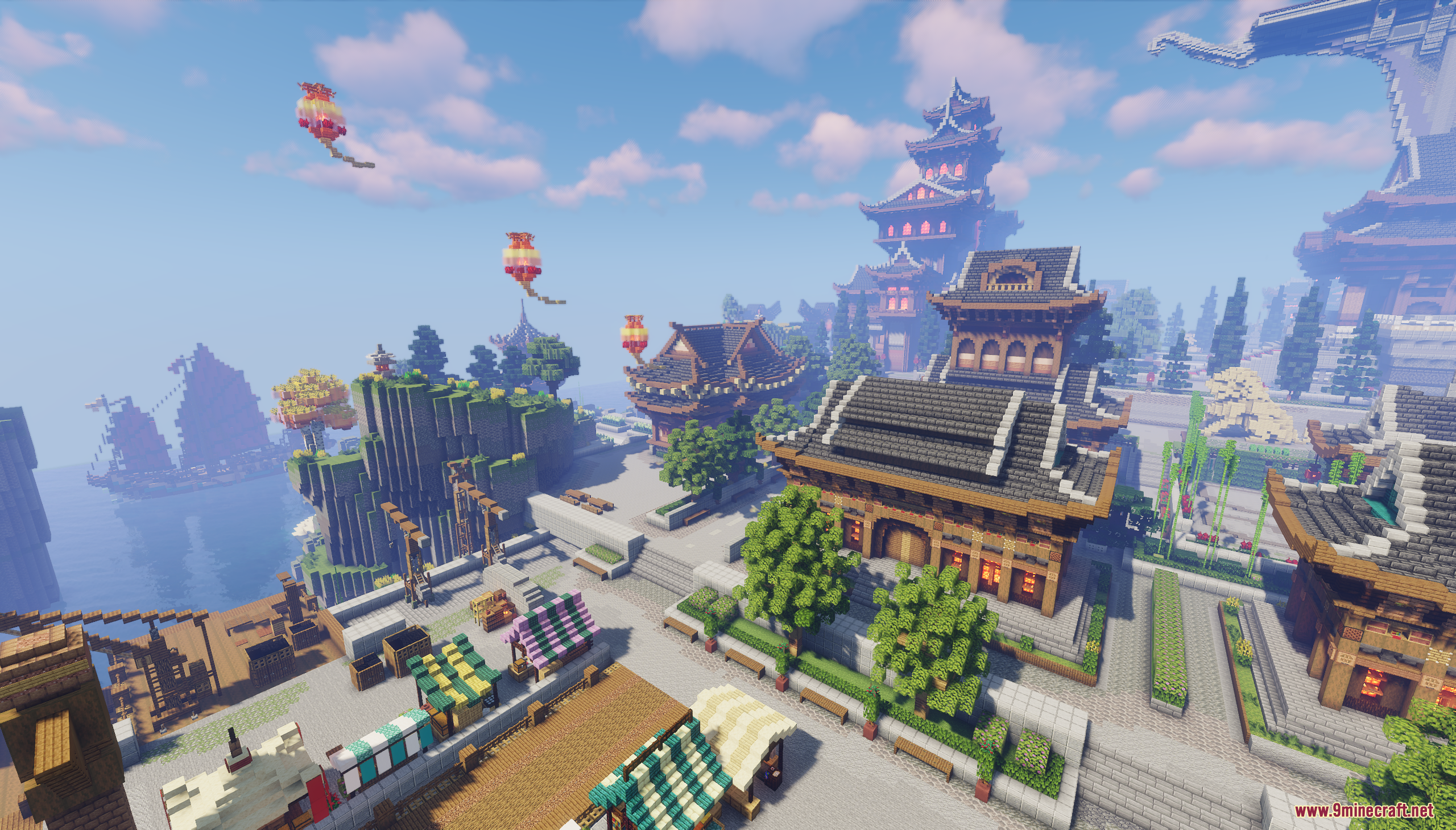 Coastal Minecraft city featuring traditional Asian architecture market stalls and floating lanterns