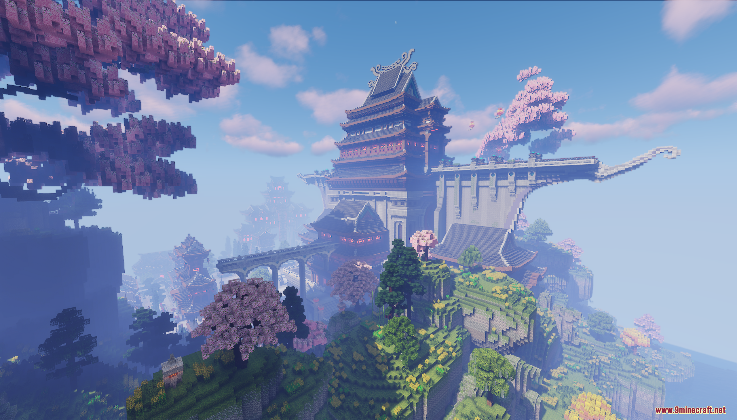 Massive Asian style temple built on a cliff surrounded by cherry blossom trees