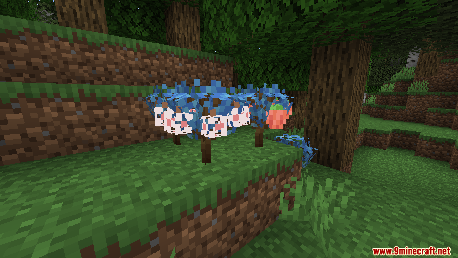 Two blue Applin-like Cobblemon standing in a forest