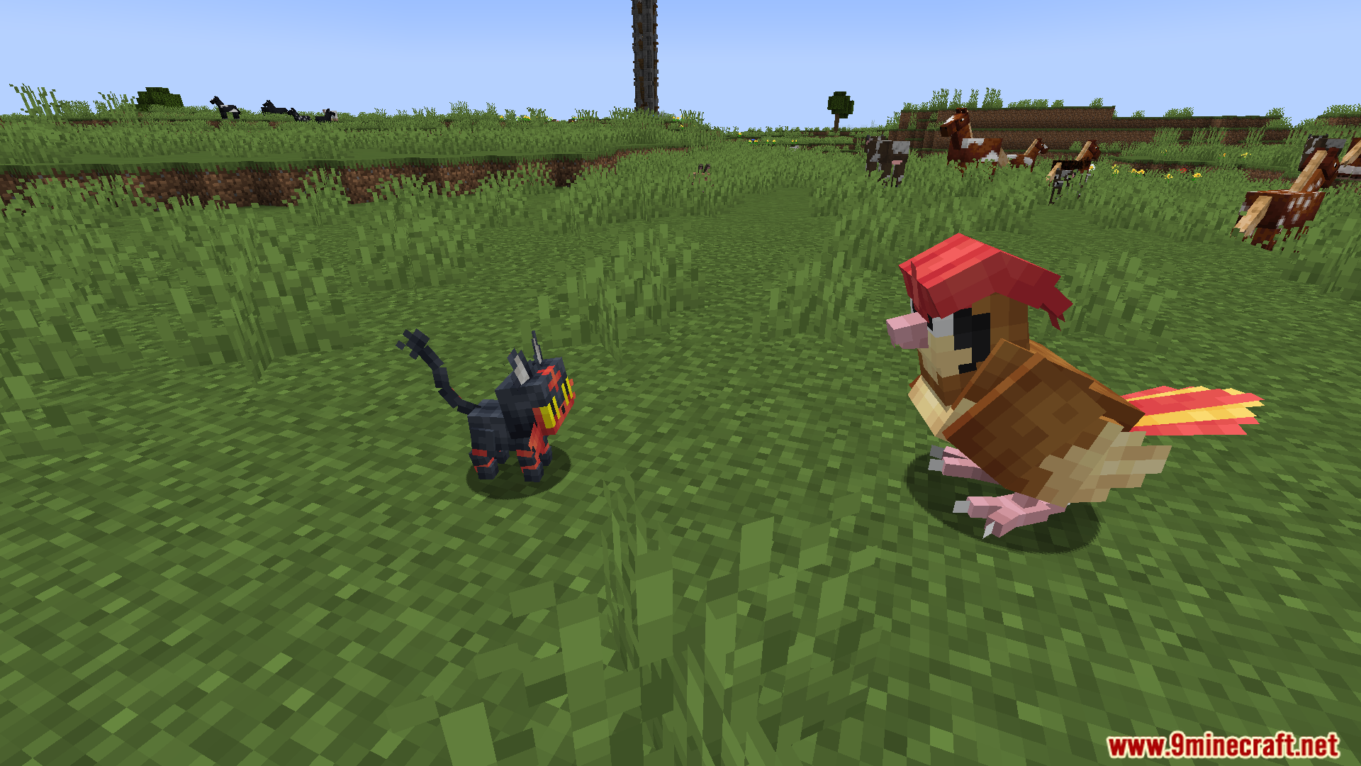 Litten and Pidgeotto models in a grassy Minecraft world