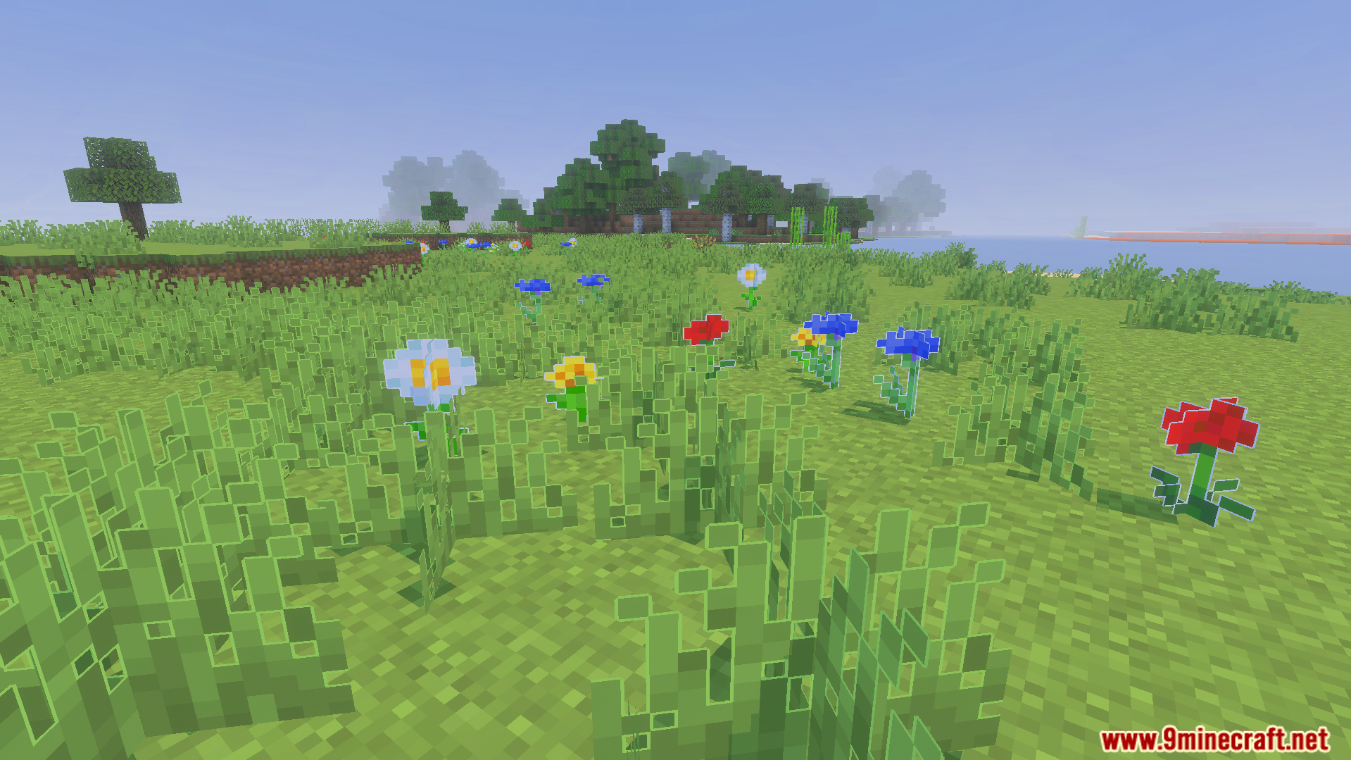 Outlined Grass Texture Pack Screenshot 4 Various colorful flowers and tall grass with white outlines in a field