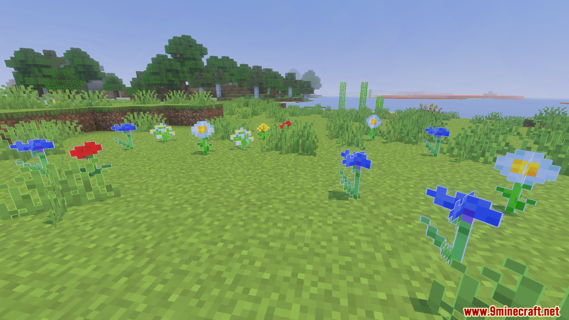 Outlined Grass Texture Pack Screenshot 5 Colorful flowers and tall grass with crisp white borders in a grassy field