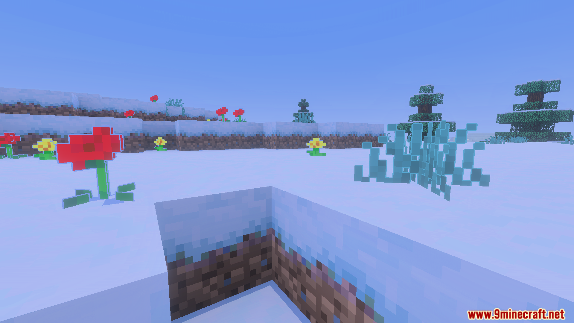 Outlined Grass Texture Pack Screenshot 8 Red and yellow flowers growing alongside blue tinted grass in snow