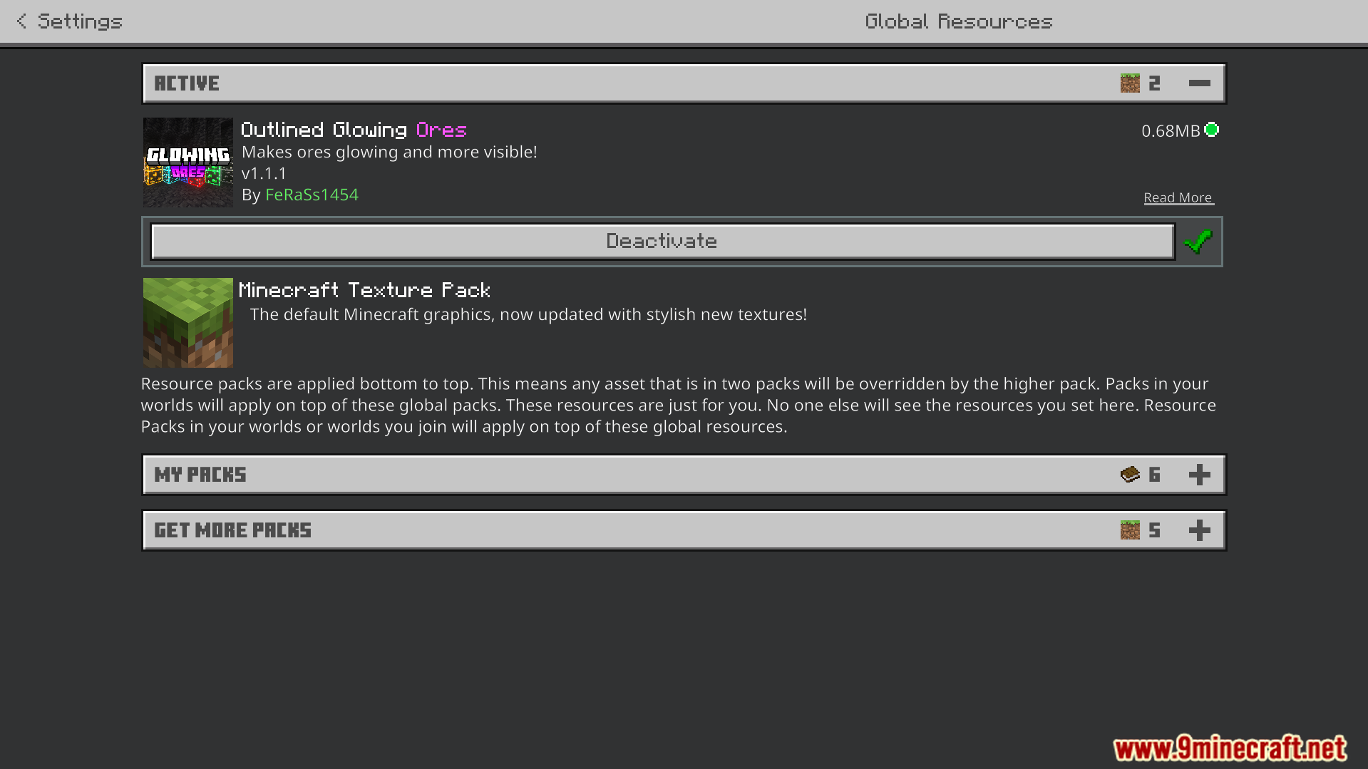 settings menu showing outlined glowing ores pack activated in global resources