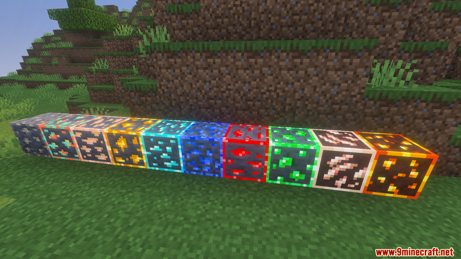 row of various minecraft ore blocks displaying bright glowing colored outlines