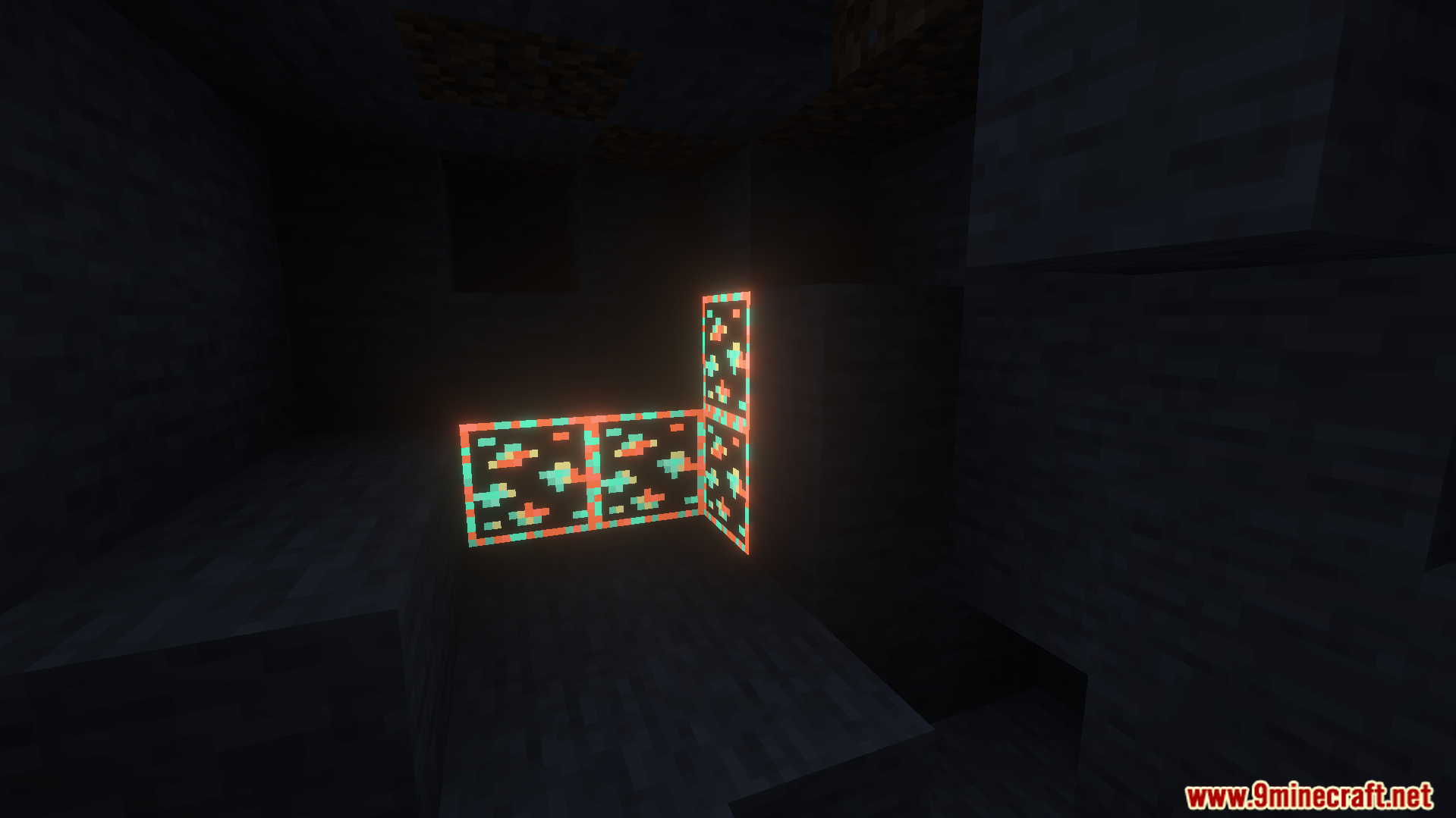 Glowing diamond ores with bright borders in a dark cave