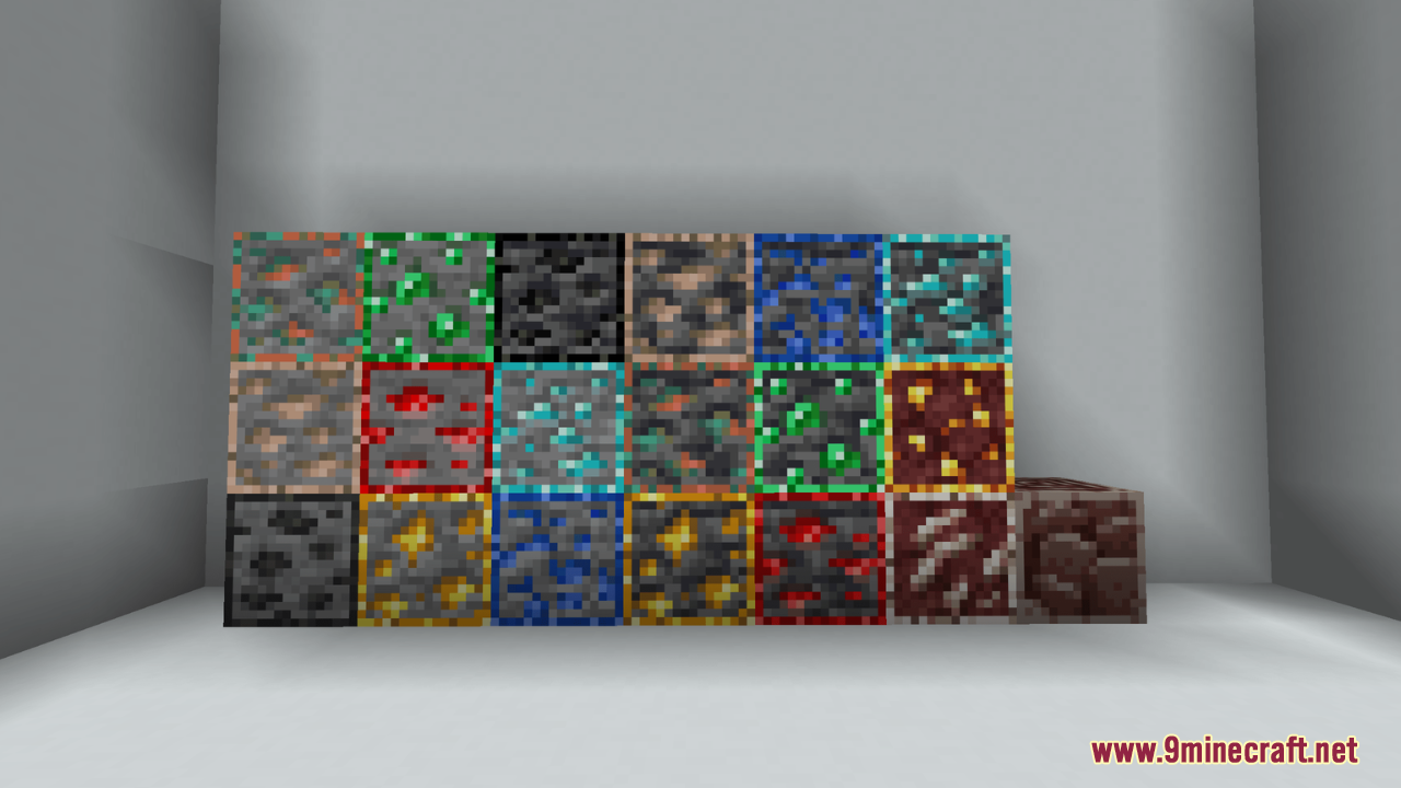 Outstanding Outlined Ores Resource Pack Screenshot 2 Different types of Minecraft ore blocks highlighted with bright colored square borders