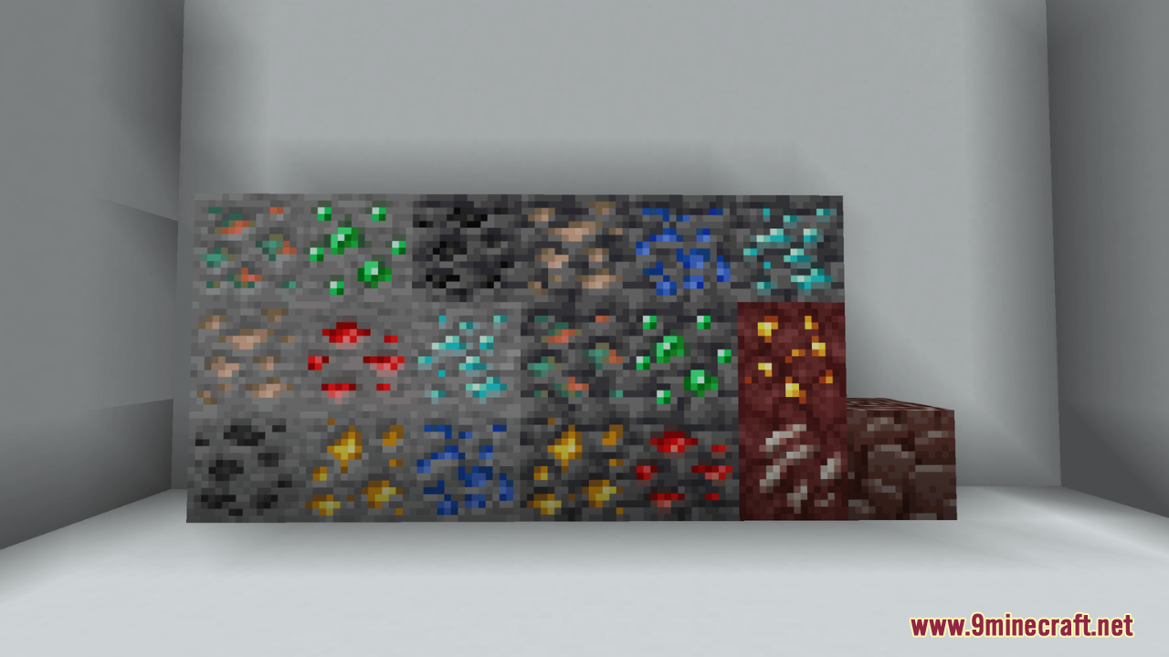 Outstanding Outlined Ores Resource Pack Screenshot 3 Various Minecraft ore blocks displayed with bright colored outlines on a wall