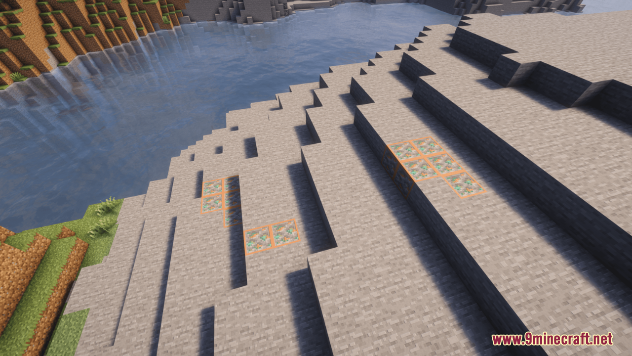 Outstanding Outlined Ores Resource Pack Screenshot 4 Copper ores with bright orange outlines exposed on a stone hillside near water