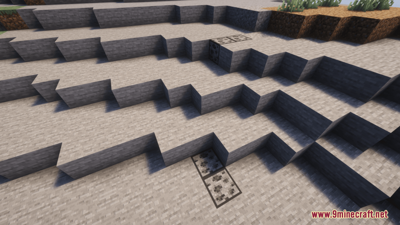 Outstanding Outlined Ores Resource Pack Screenshot 5 Coal ore blocks with bright outlines embedded in a stepped stone terrain