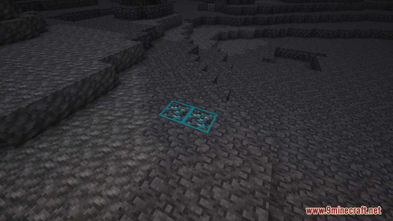 Outstanding Outlined Ores Resource Pack Screenshot 7 Brightly outlined diamond ores embedded in deepslate within a dark cave environment