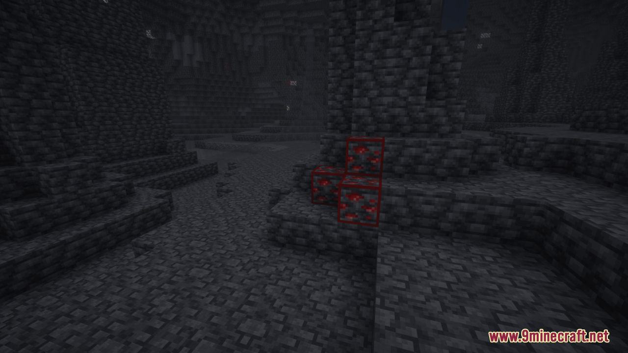 Outstanding Outlined Ores Resource Pack Screenshot 8 Deepslate redstone ores highlighted with bright red borders in a dark underground cave