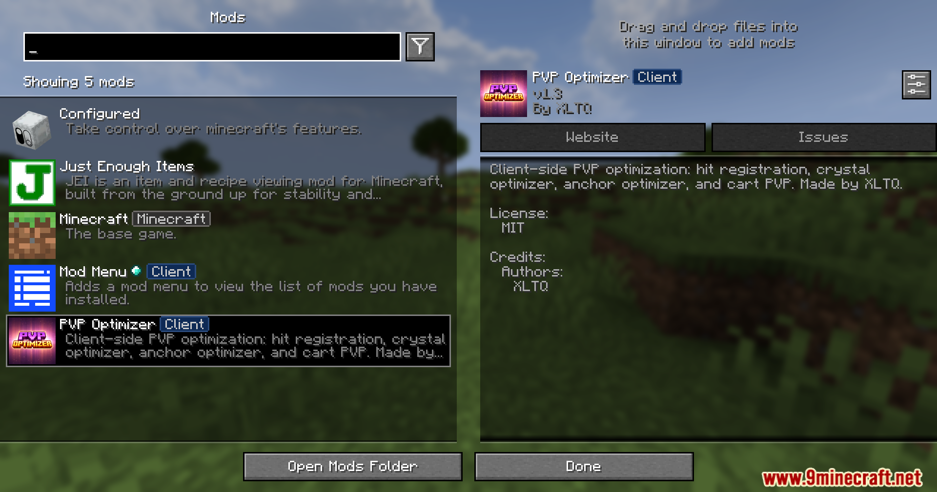 PVP Optimizer Mod Screenshot 1 Minecraft mods menu showing installed client-side optimization features and details