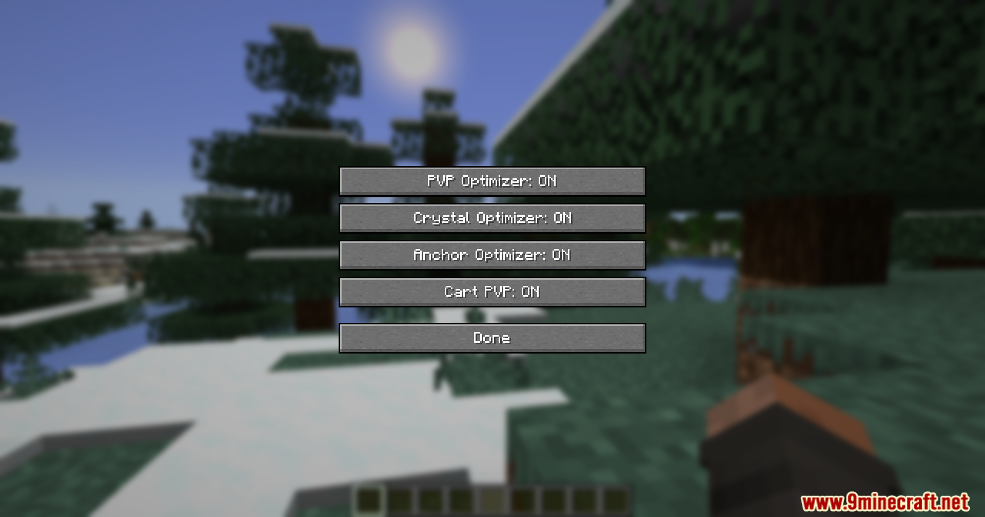 PVP Optimizer Mod Screenshot 2 In-game menu displaying various combat optimization settings, including crystal and anchor