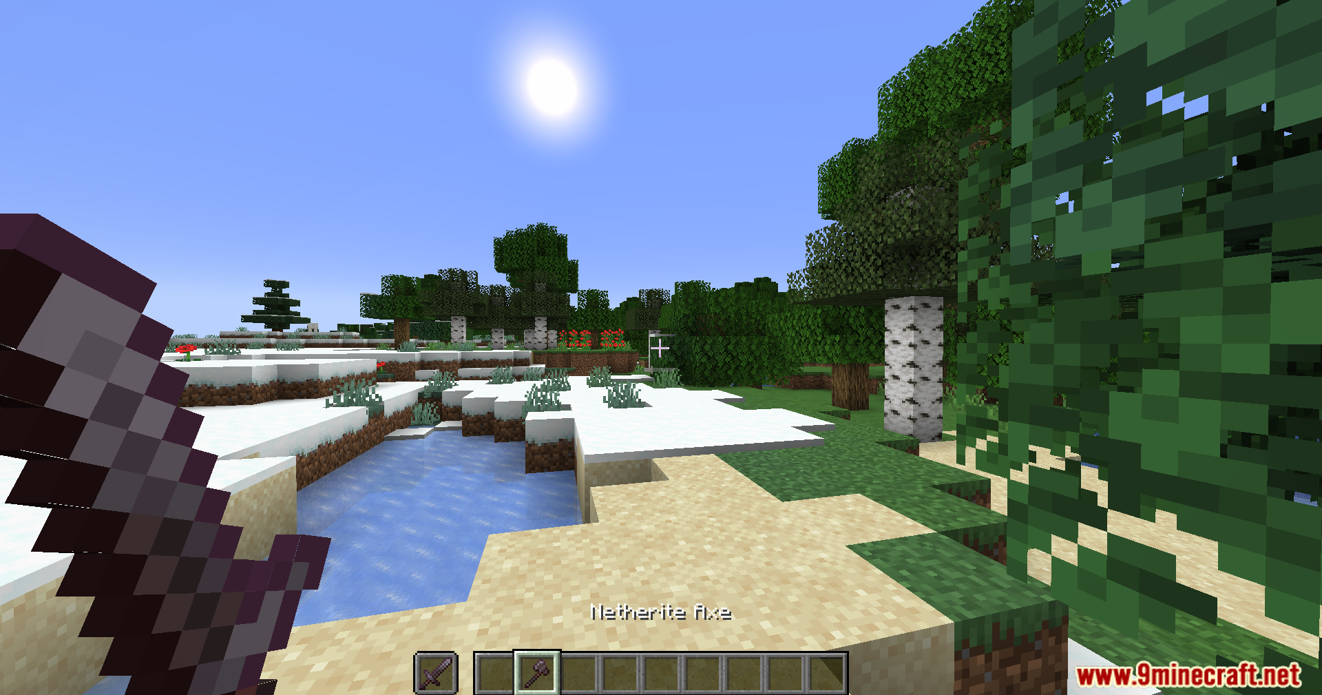PVP Optimizer Mod Screenshot 5 Player holds a Netherite axe in a snowy, forested Minecraft landscape