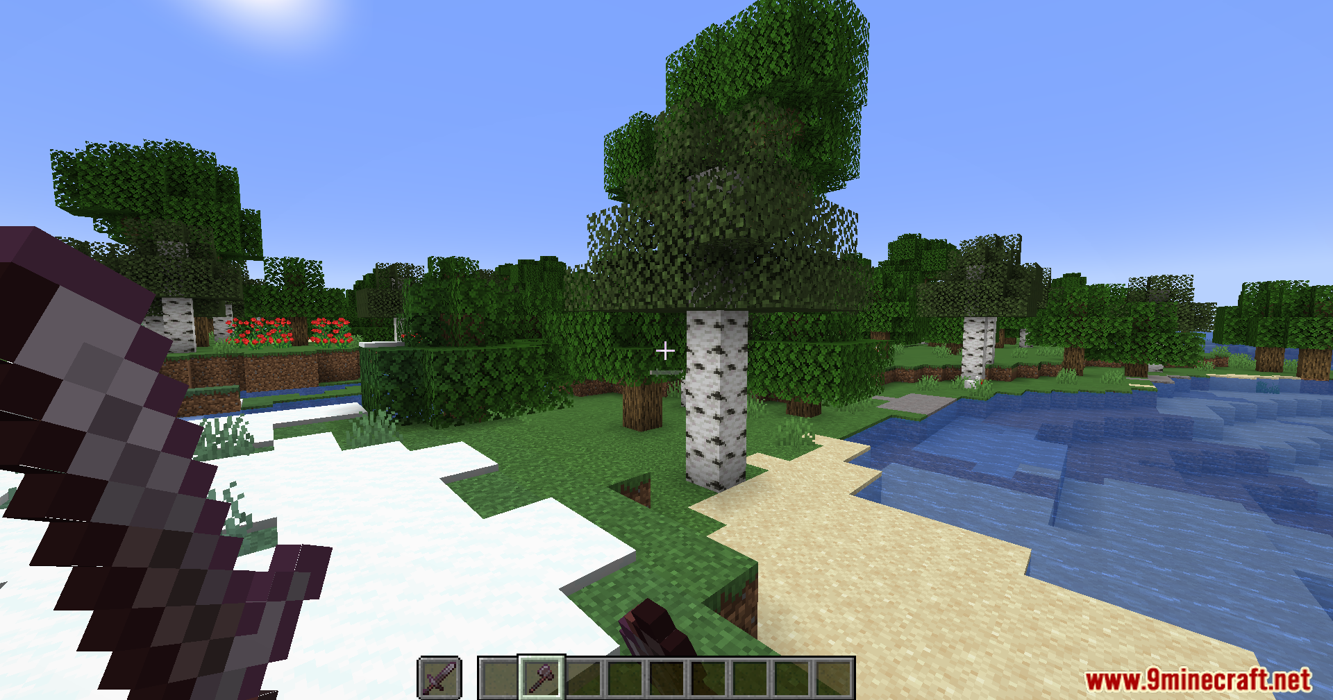 PVP Optimizer Mod Screenshot 6 Minecraft player explores a sunny, diverse biome with snow, sand, and birch trees