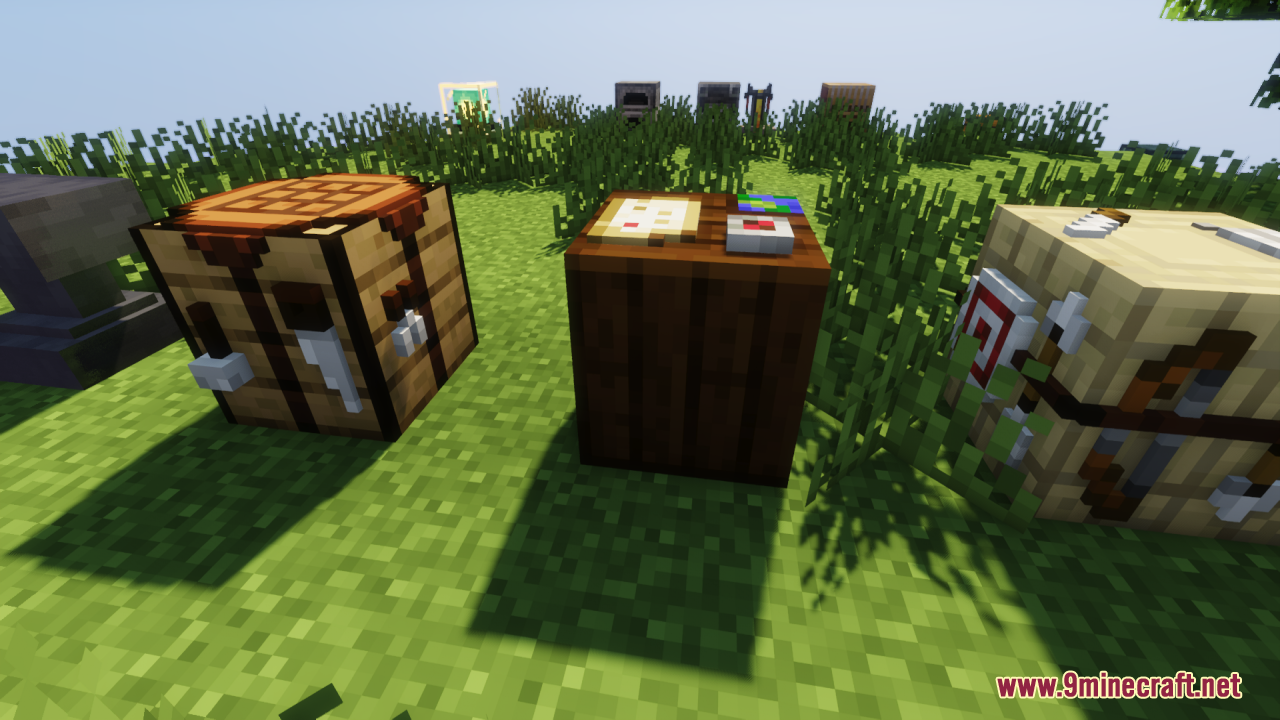 3D crafting, cartography, and fletching tables on grass